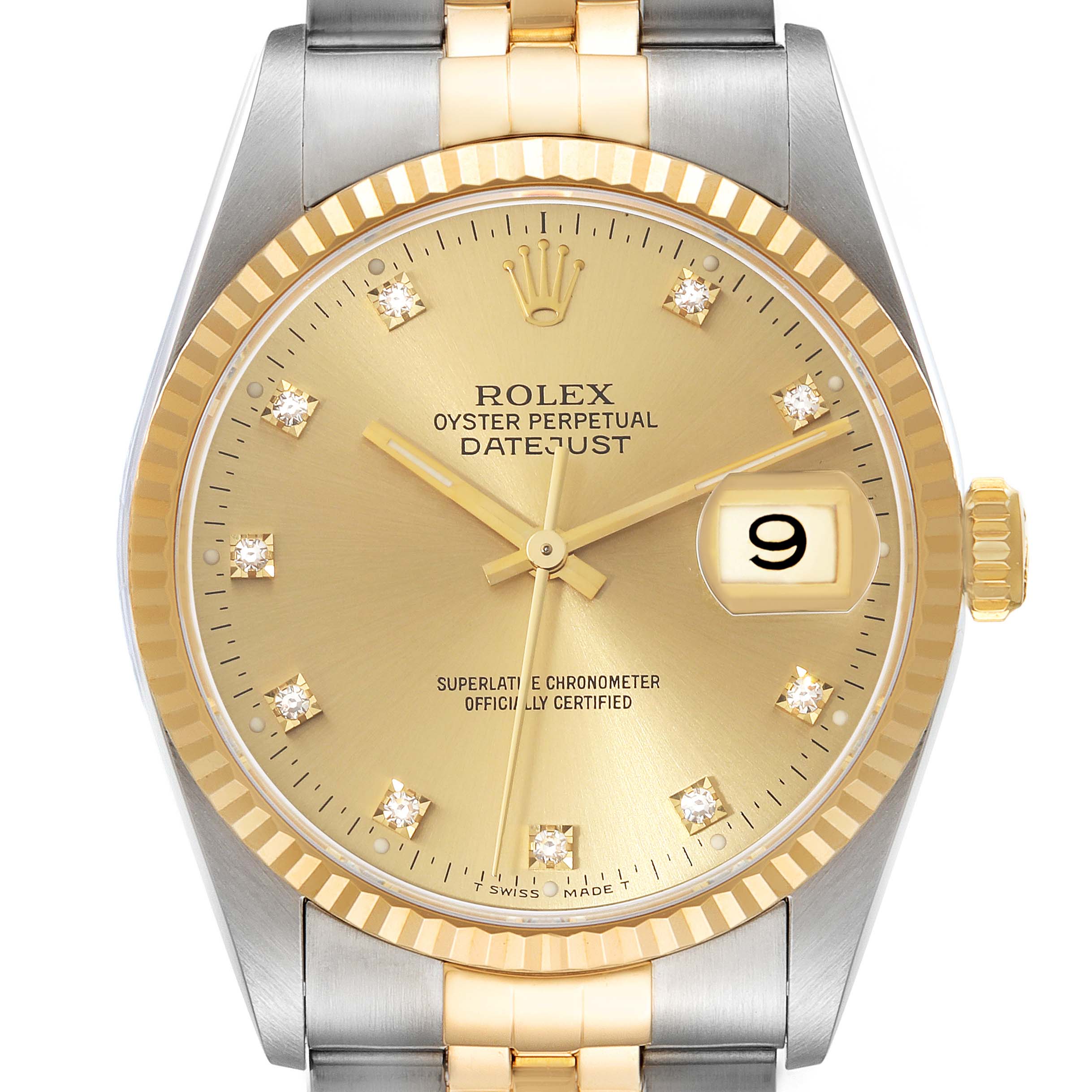 This image shows the face and bracelet of a Rolex Datejust 16233 Men's Steel and Gold (two tone) Champagne Dial 16233 Men's Steel and Gold (two tone) Champagne Dial watch from a front angle.