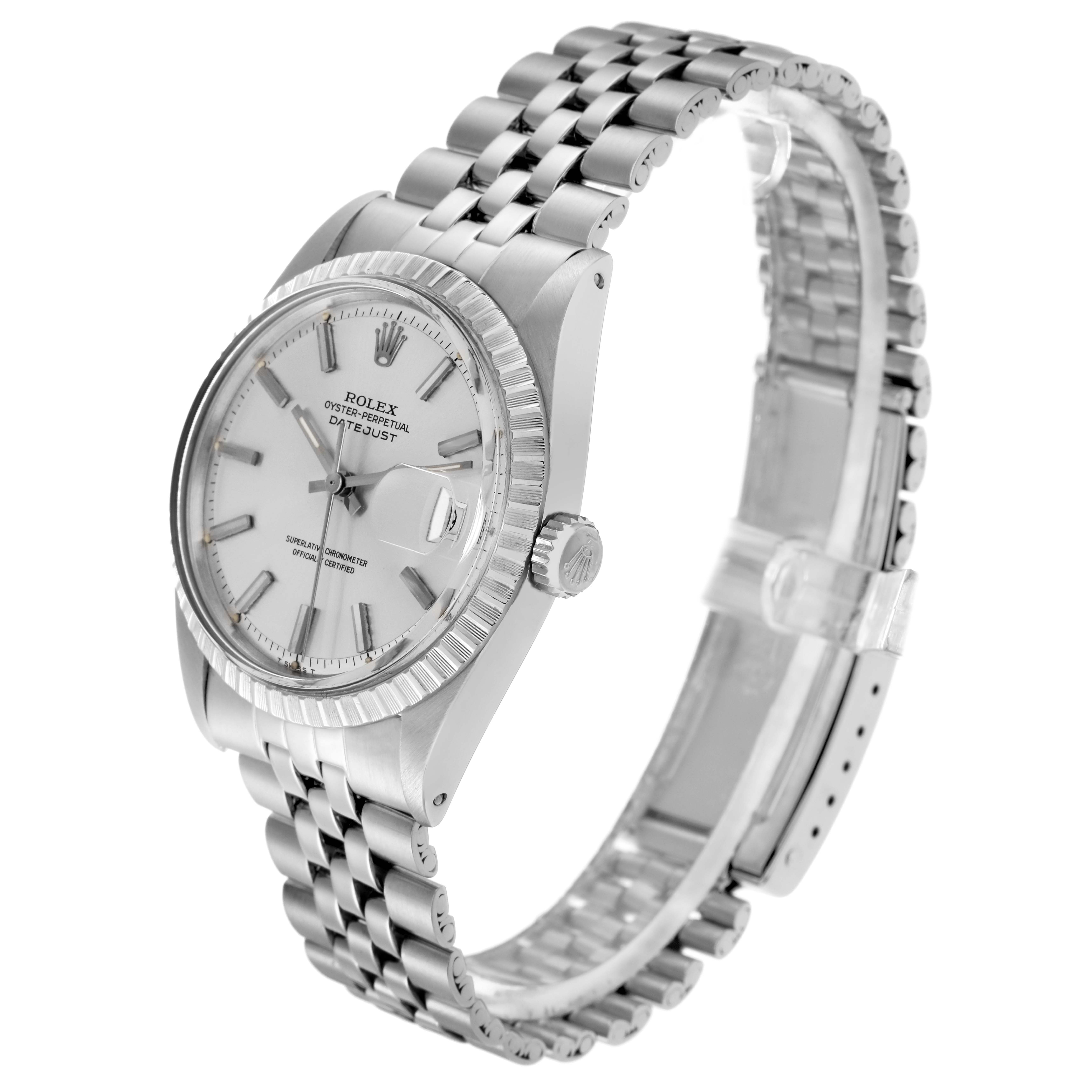 The Rolex Datejust 1603 Men
s Stainless Steel Silver Dial 1603 Men
s Stainless Steel Silver Dial watch is shown at a three-quarter angle, displaying the dial, bezel, crown, and Jubilee bracelet.