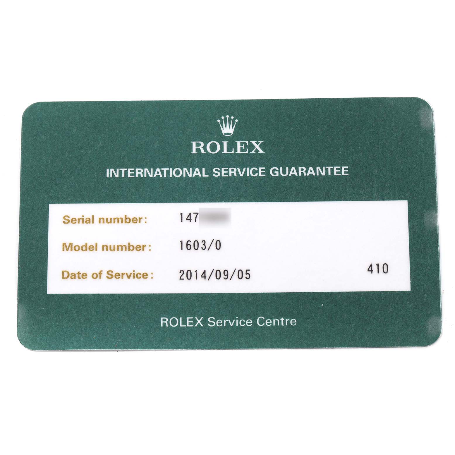 The image shows a Rolex Datejust 1603 Men
s Stainless Steel Silver Dial 1603 Men
s Stainless Steel Silver Dial International Service Guarantee card with service details.