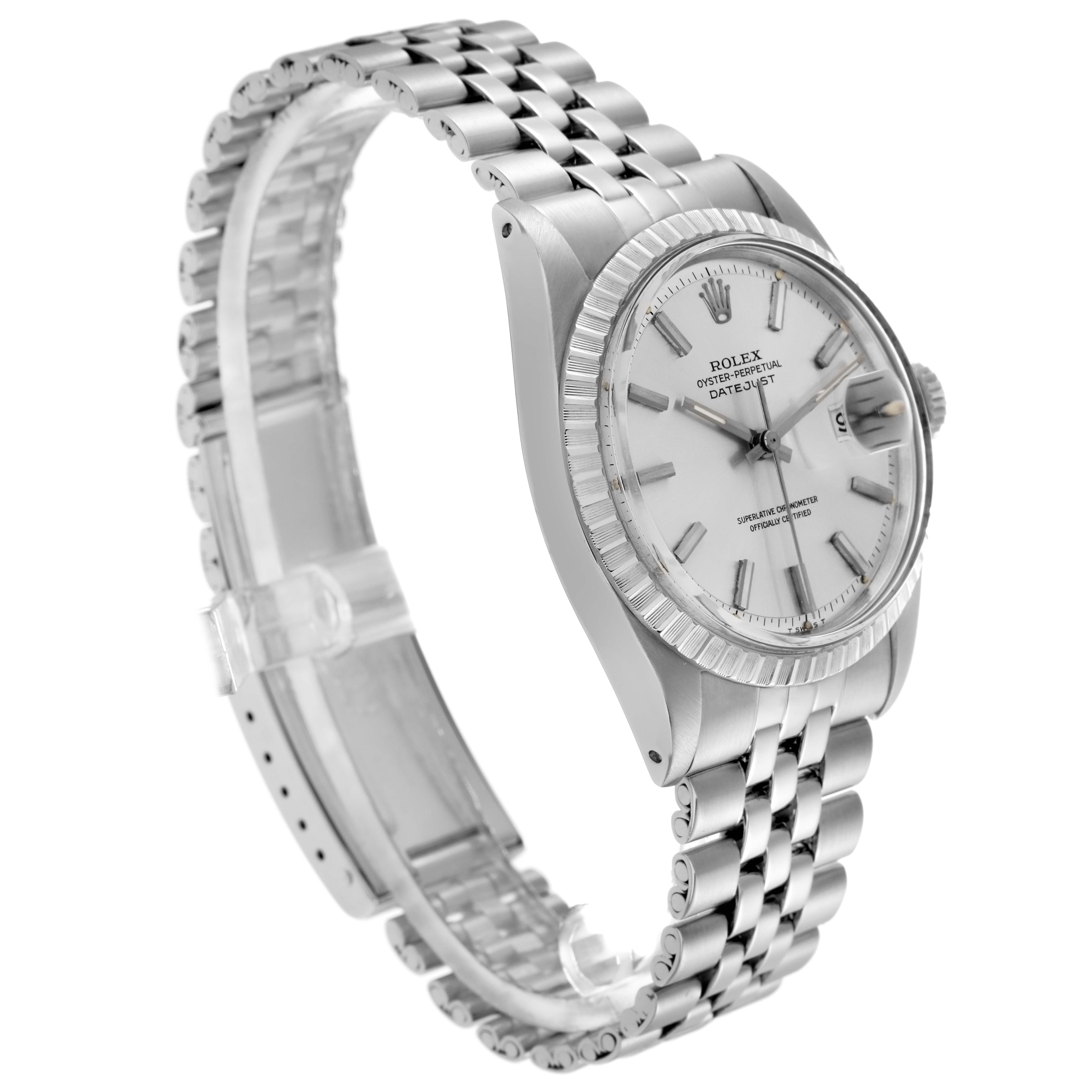 The Rolex Datejust 1603 Men
s Stainless Steel Silver Dial 1603 Men
s Stainless Steel Silver Dial watch is shown at a three-quarter angle, highlighting the bracelet, case, dial, and fluted bezel.