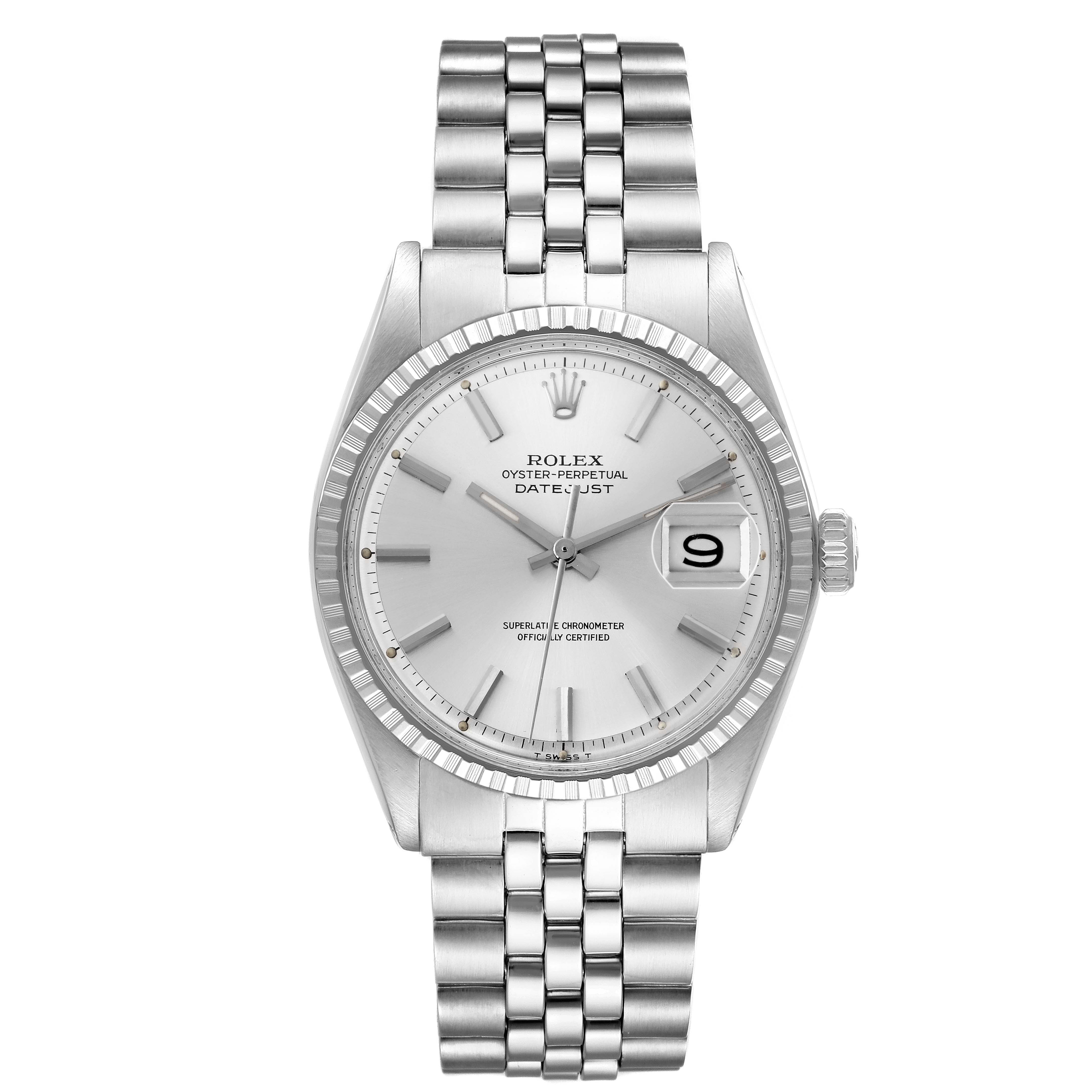 The Rolex Datejust 1603 Men
s Stainless Steel Silver Dial 1603 Men
s Stainless Steel Silver Dial watch is shown from a front angle, displaying the dial, bezel, bracelet, and date window.