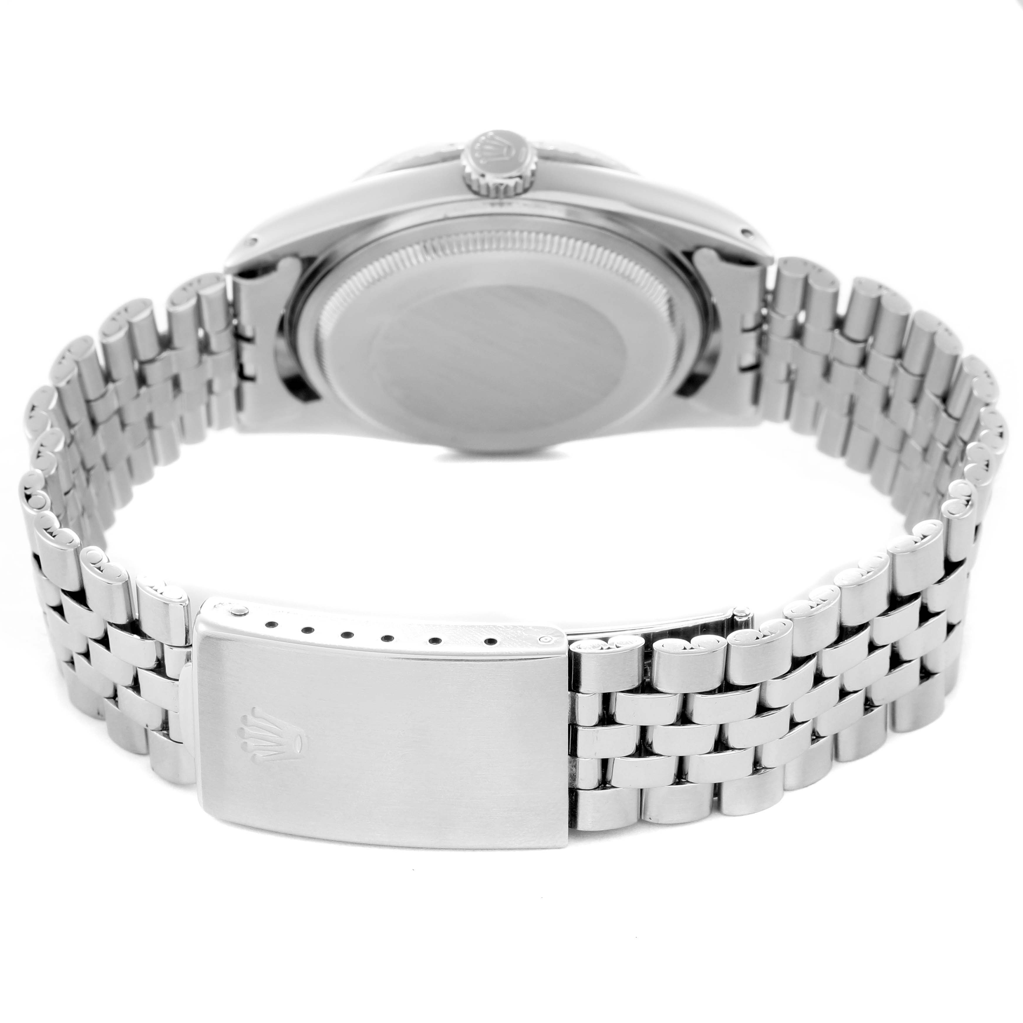 The image shows the back view of a Rolex Datejust 1603 Men
s Stainless Steel Silver Dial 1603 Men
s Stainless Steel Silver Dial, highlighting the case back, crown, and bracelet clasp.