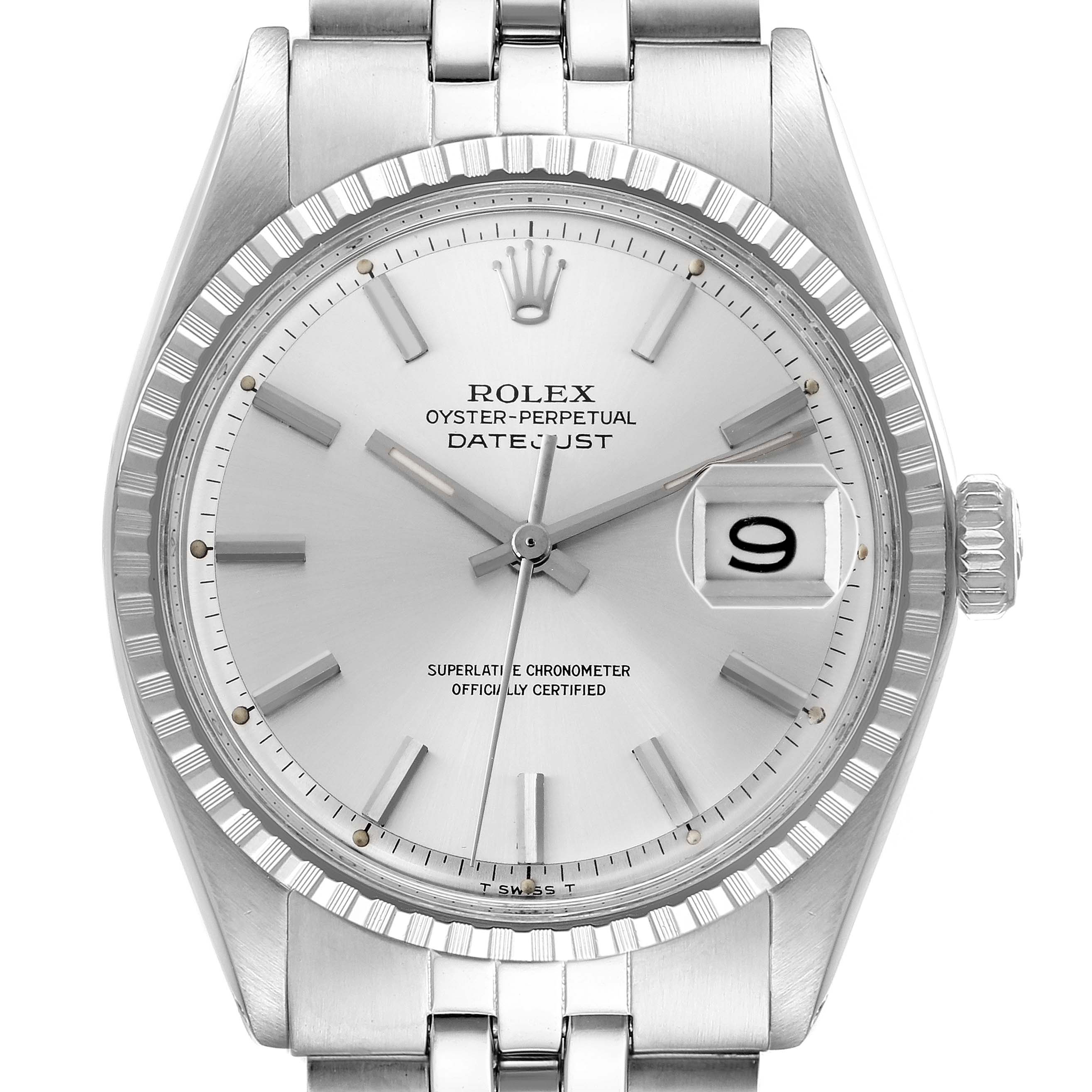 The Rolex Datejust 1603 Men
s Stainless Steel Silver Dial 1603 Men
s Stainless Steel Silver Dial watch is shown from the front, highlighting the dial, bezel, and bracelet.