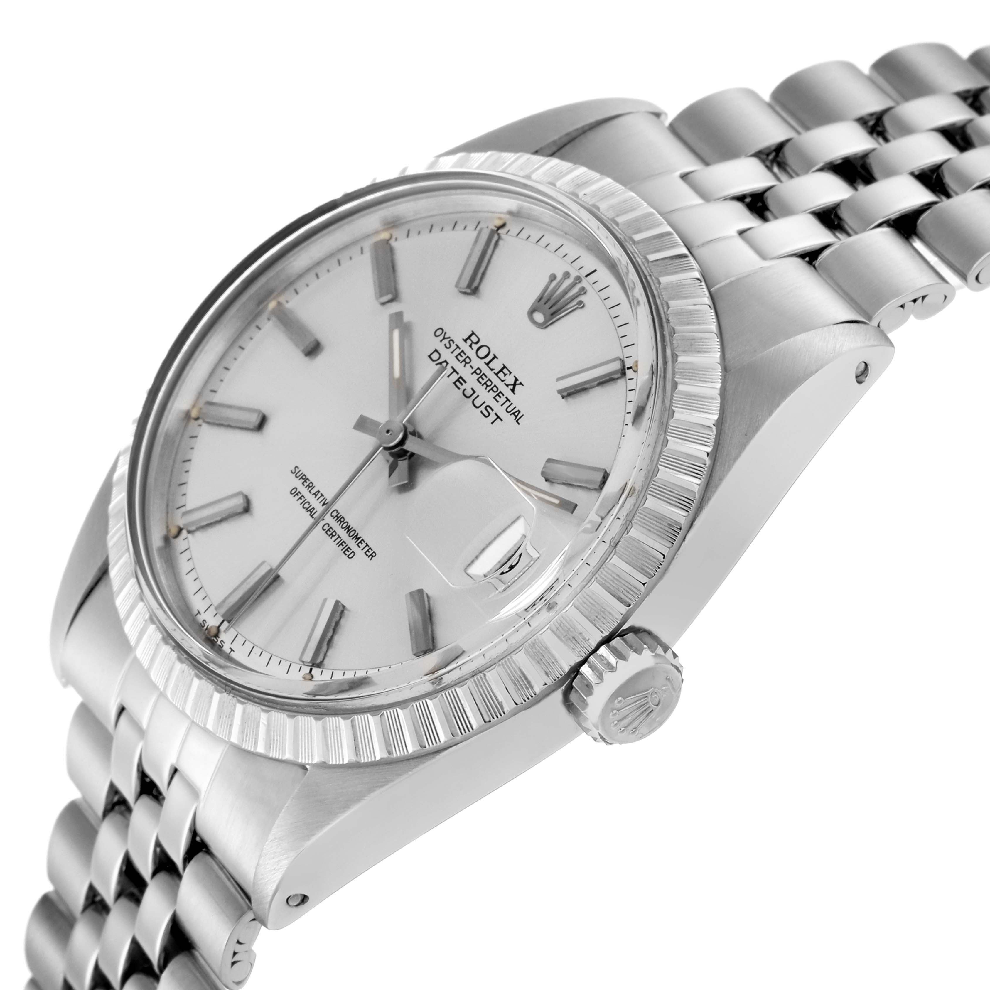 The Rolex Datejust 1603 Men
s Stainless Steel Silver Dial 1603 Men
s Stainless Steel Silver Dial is shown at an angled view highlighting the dial, fluted bezel, crown, and bracelet.