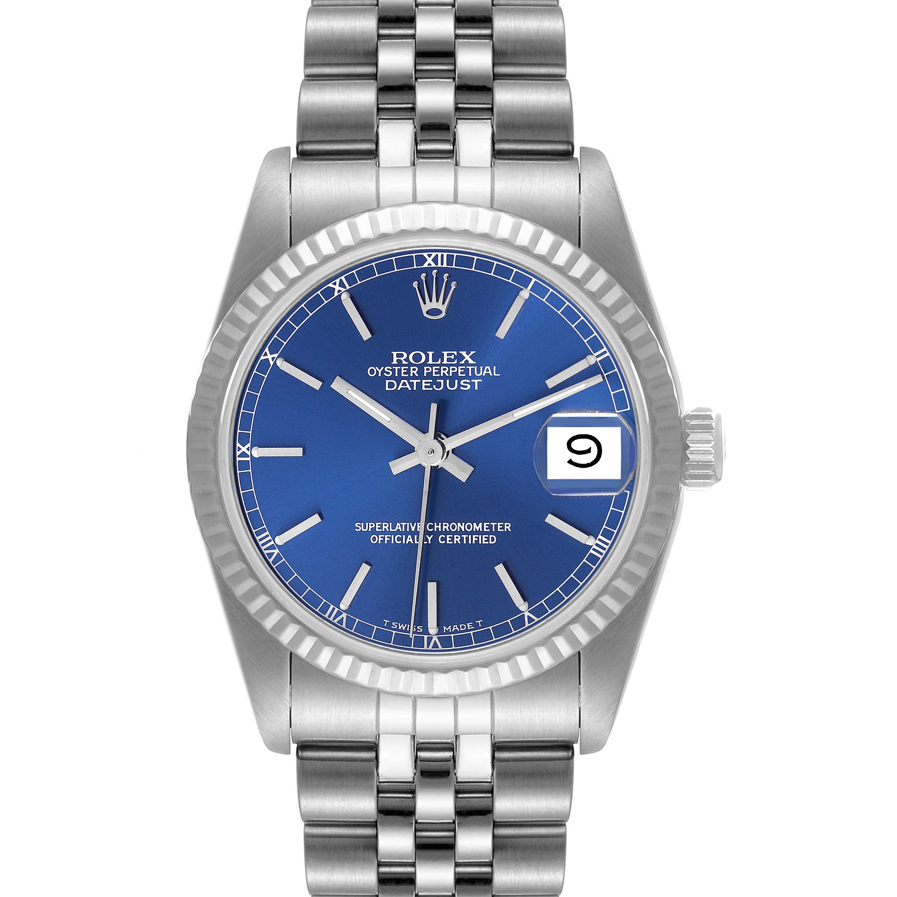 This image shows a front view of a Rolex Oyster Perpetual Datejust Mid-Size model, displaying its blue dial and jubilee bracelet.