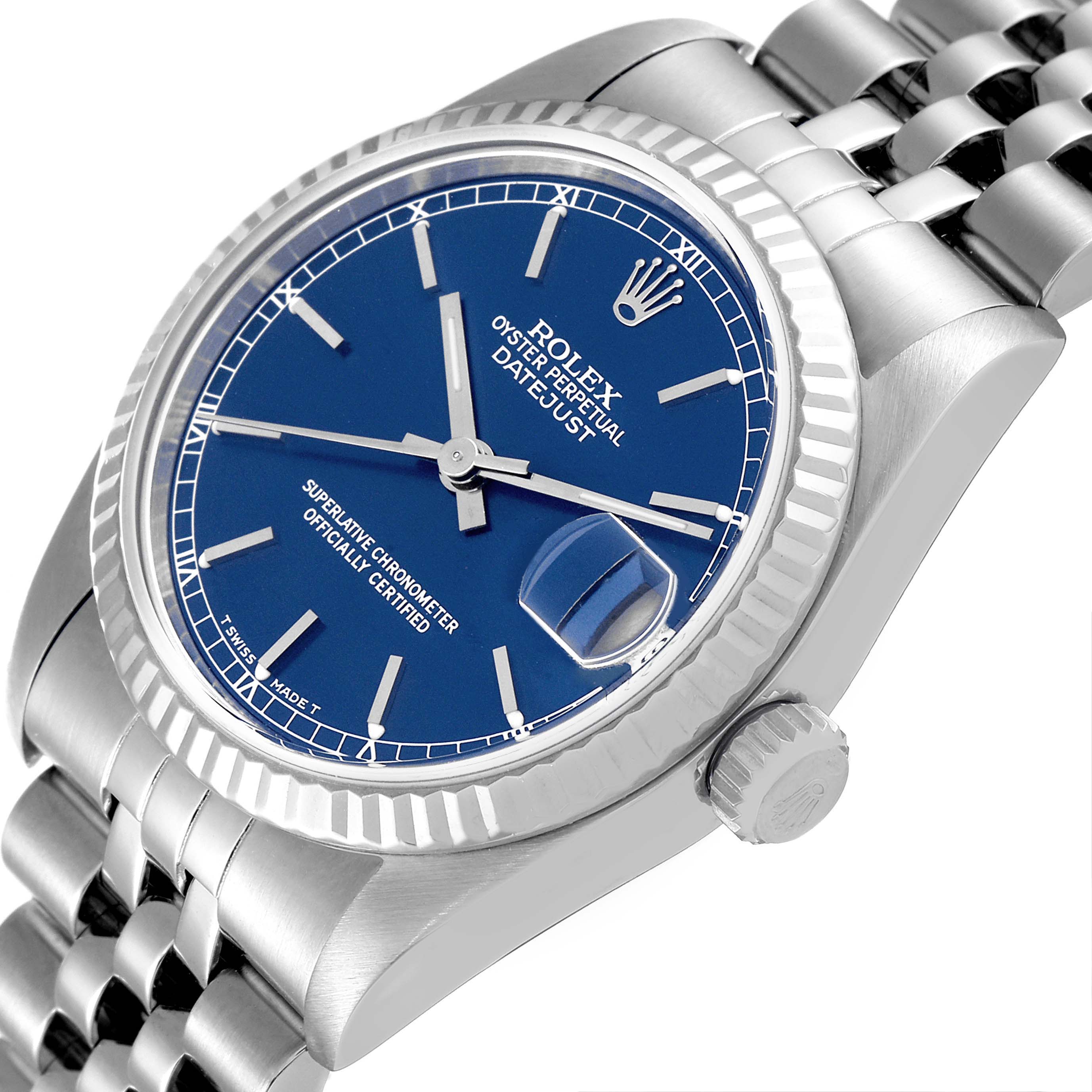 The image shows a side and top angle of a Rolex Mid-Size 68274 Women
s Stainless Steel Blue Dial 68274 Women
s Stainless Steel Blue Dial Oyster Perpetual Datejust watch, highlighting the dial, bezel, crown, and part of the bracelet.