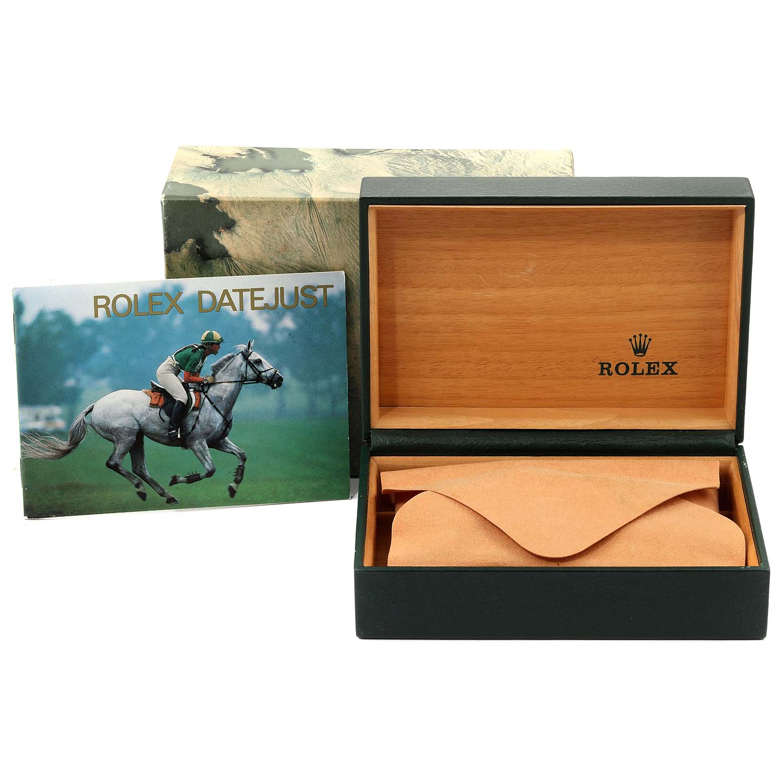 The image shows a Rolex Datejust Mid-Size watch box, a manual, and a protective pouch, viewed from the front.