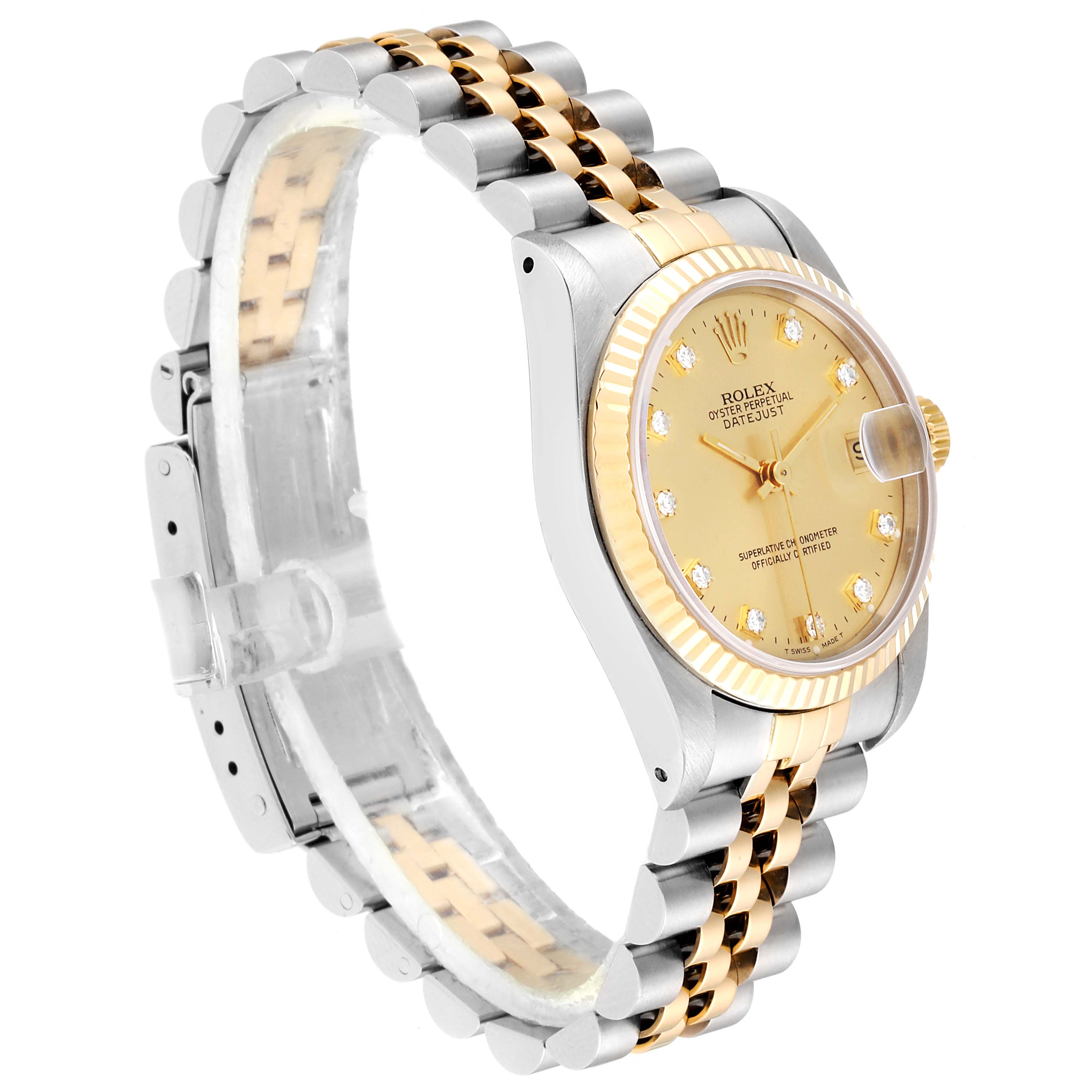 This Rolex Mid-Size 68273 Women
s Steel and Gold (two tone) Champagne Dial 68273 Women
s Steel and Gold (two tone) Champagne Dial model watch is shown at a three-quarter angle, displaying the face, crown, and two-tone bracelet.