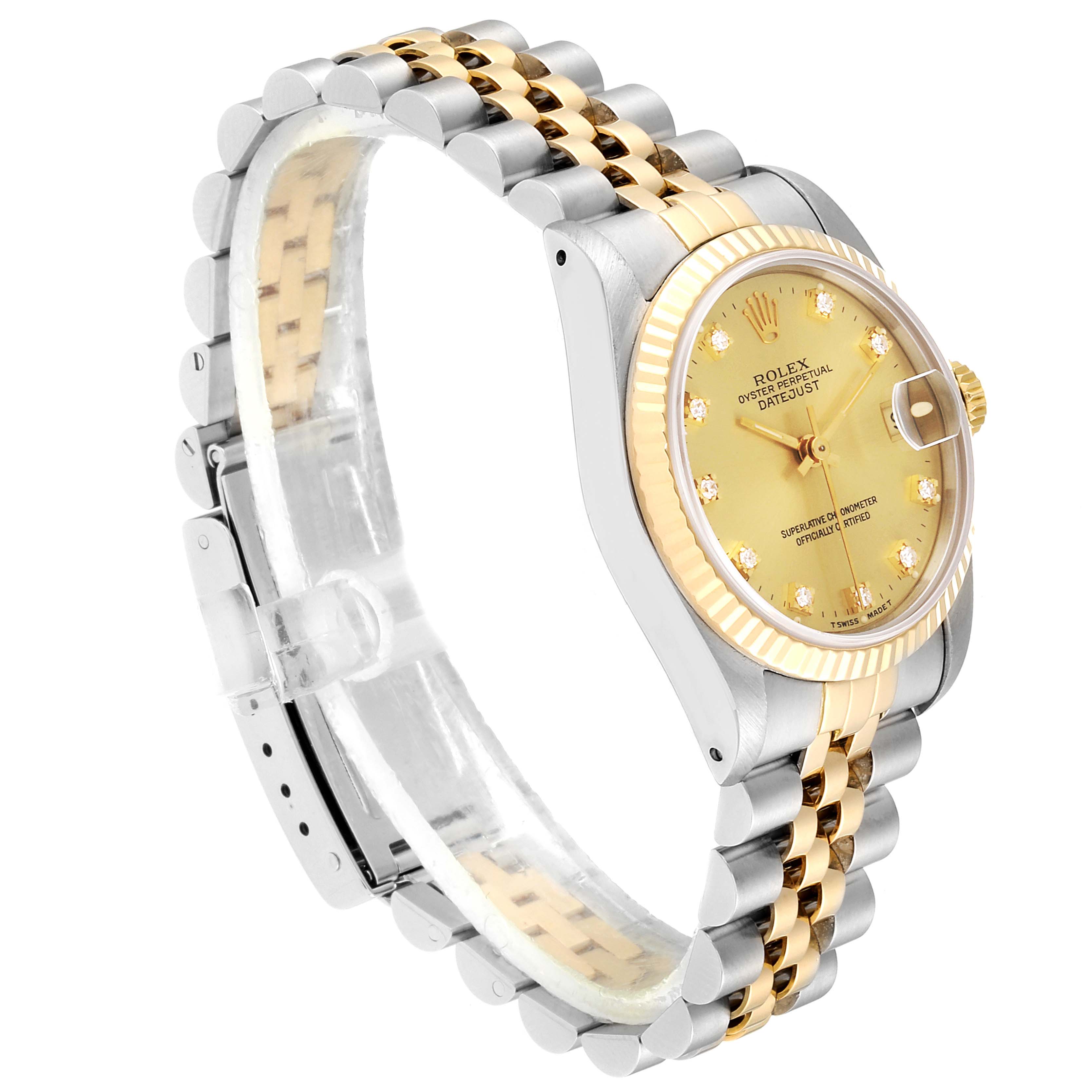 The image shows a Rolex Mid-Size 68273 Women
s Steel and Gold (two tone) Champagne Dial 68273 Women
s Steel and Gold (two tone) Champagne Dial Datejust watch at a slight angle, highlighting the dial, bezel, and jubilee bracelet.