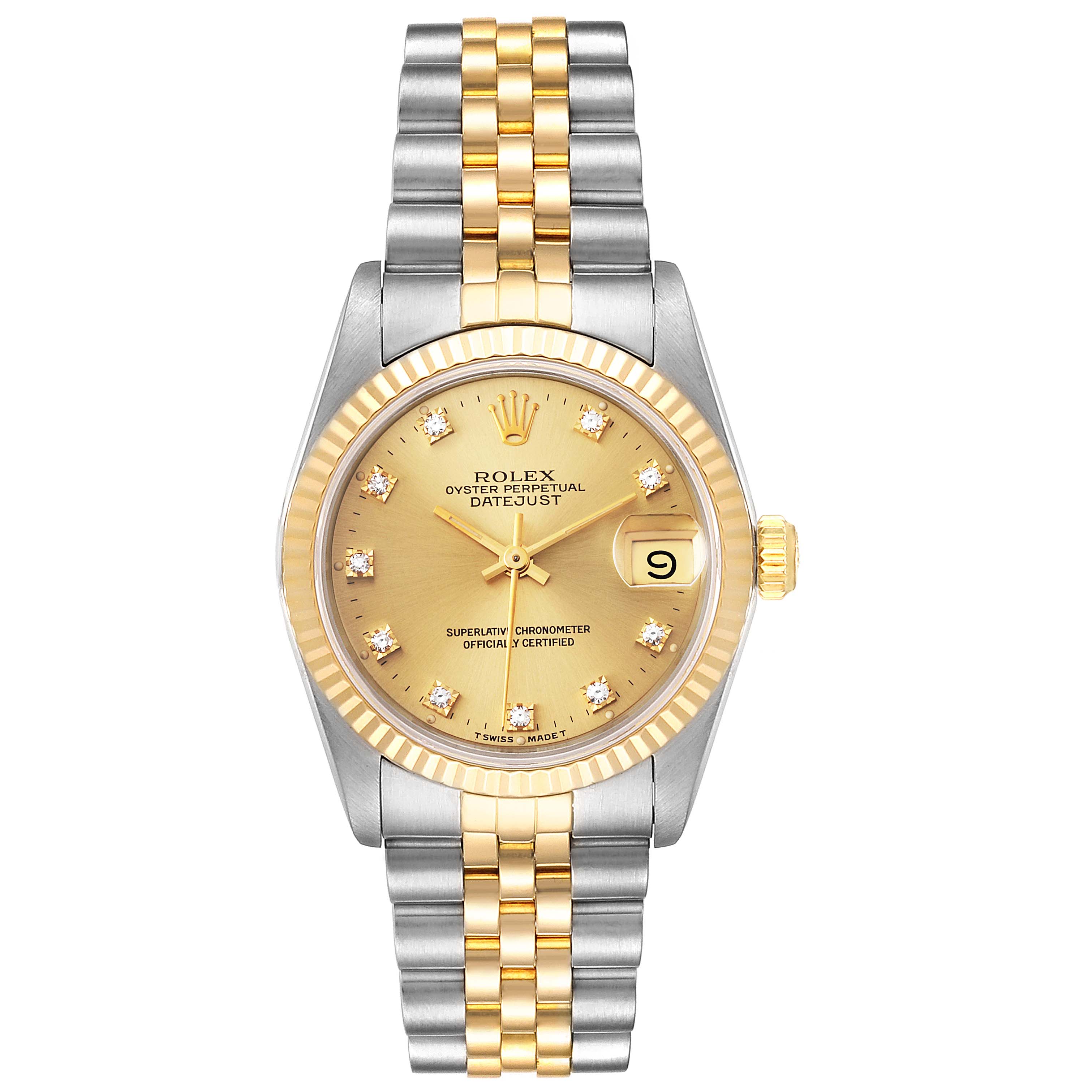 The image shows a front view of a Rolex Oyster Perpetual Datejust Mid-Size model with a gold and silver bracelet and diamond hour markers.