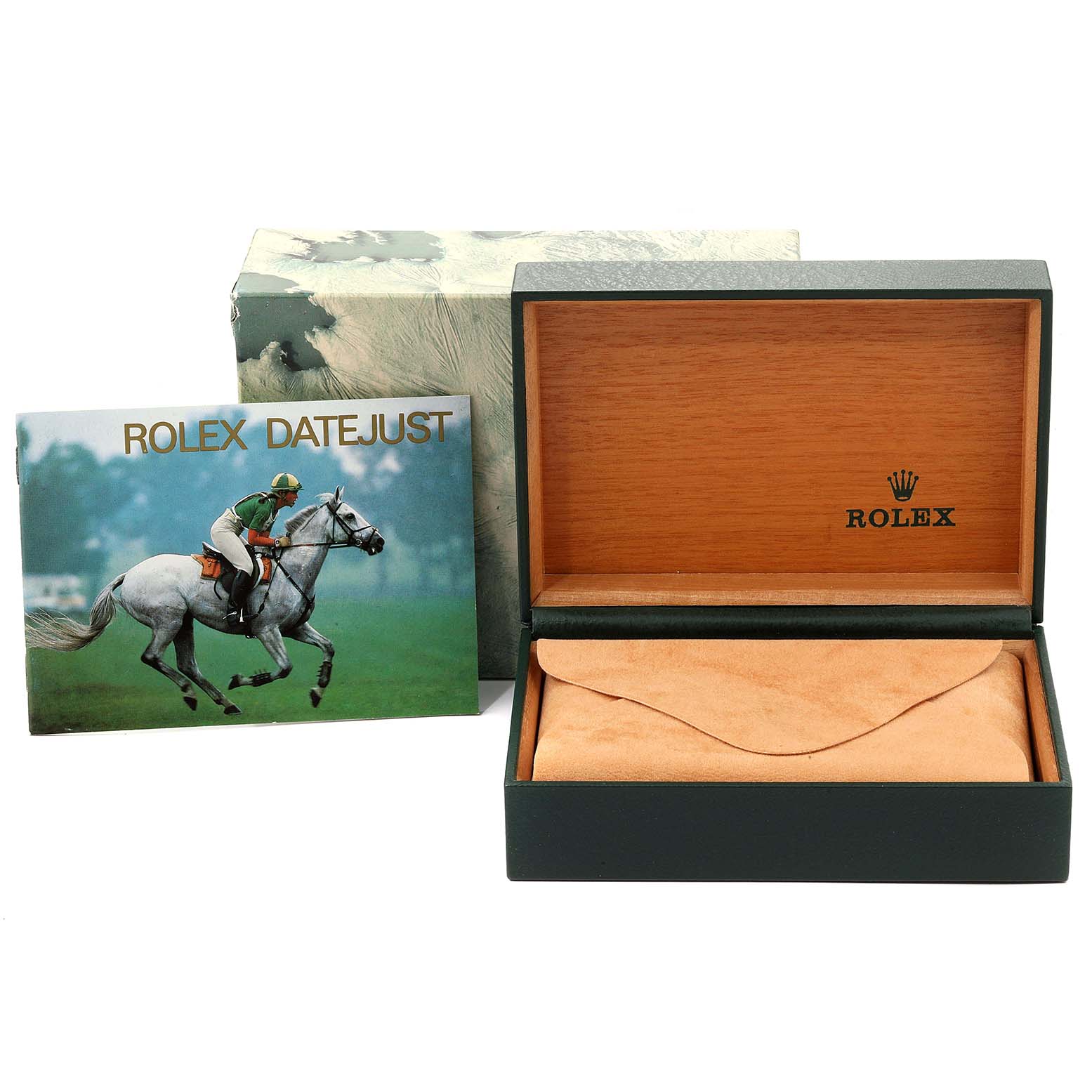 The image shows the packaging and manual for a Rolex Datejust Mid-Size model, including the box and booklet.