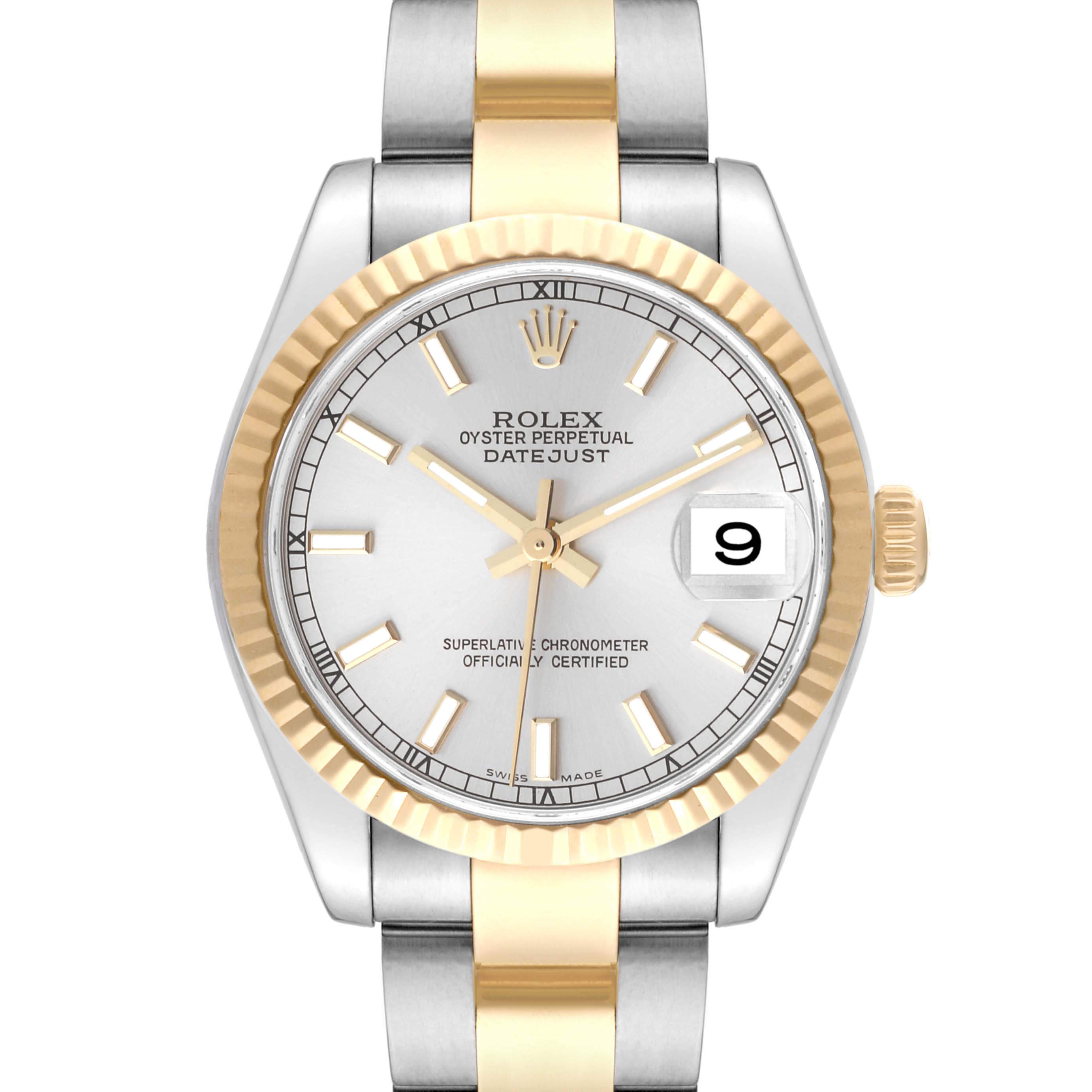 The image shows a front view of a Rolex Oyster Perpetual Datejust Mid-Size watch, highlighting the face, bezel, and bracelet.