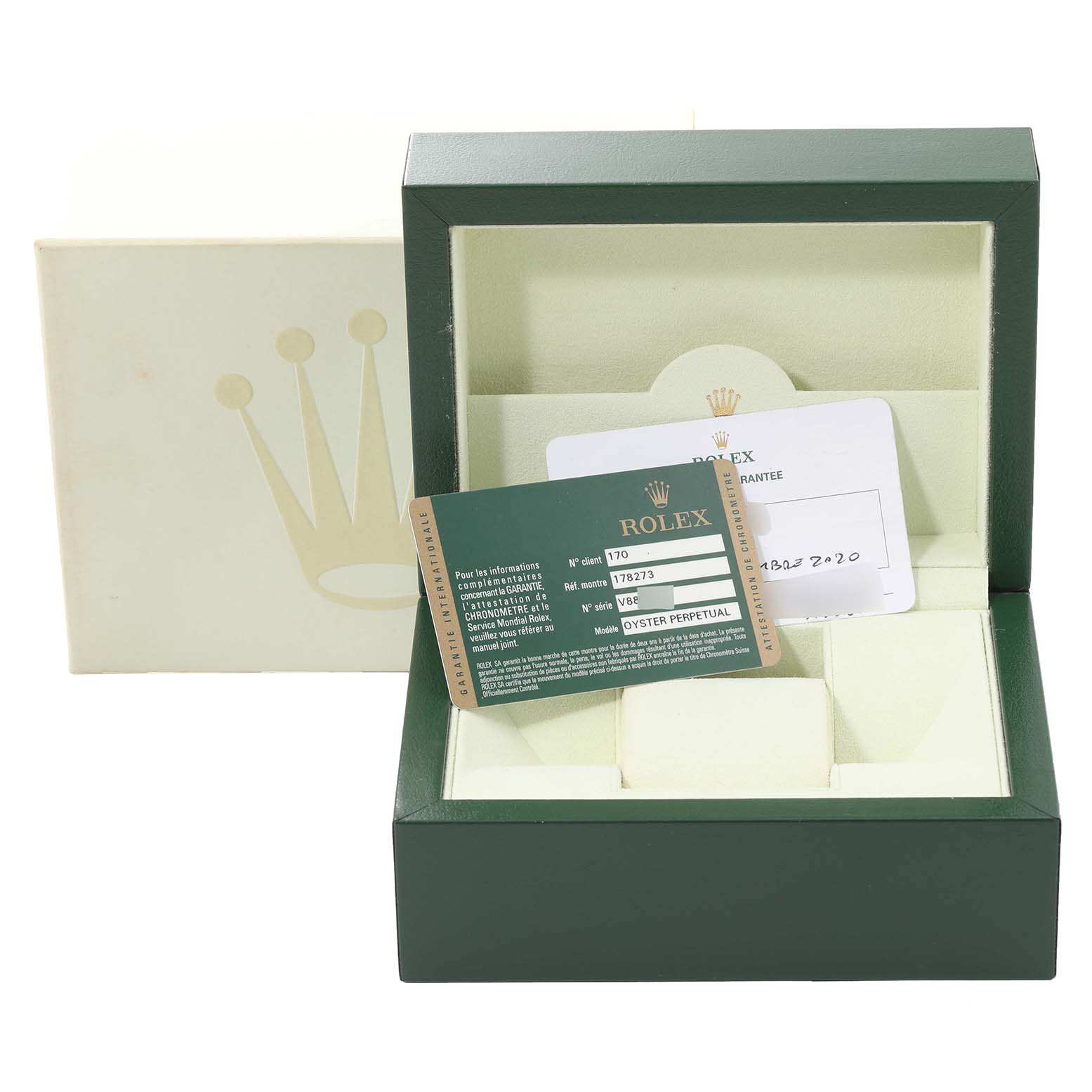 The image shows the open display box and authentication cards for a Rolex Mid-Size 178273 Women's Steel and Gold (two tone) Silver Dial 178273 Women's Steel and Gold (two tone) Silver Dial model.
