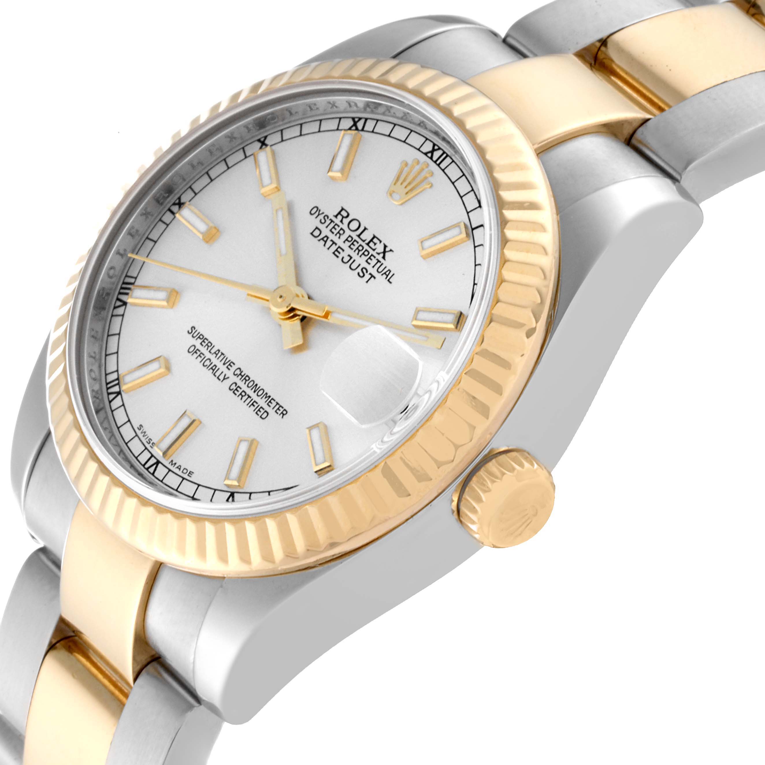 The image shows a Rolex Mid-Size 178273 Women's Steel and Gold (two tone) Silver Dial 178273 Women's Steel and Gold (two tone) Silver Dial Datejust watch in a three-quarter angle, detailing the face, bezel, crown, and part of the bracelet.
