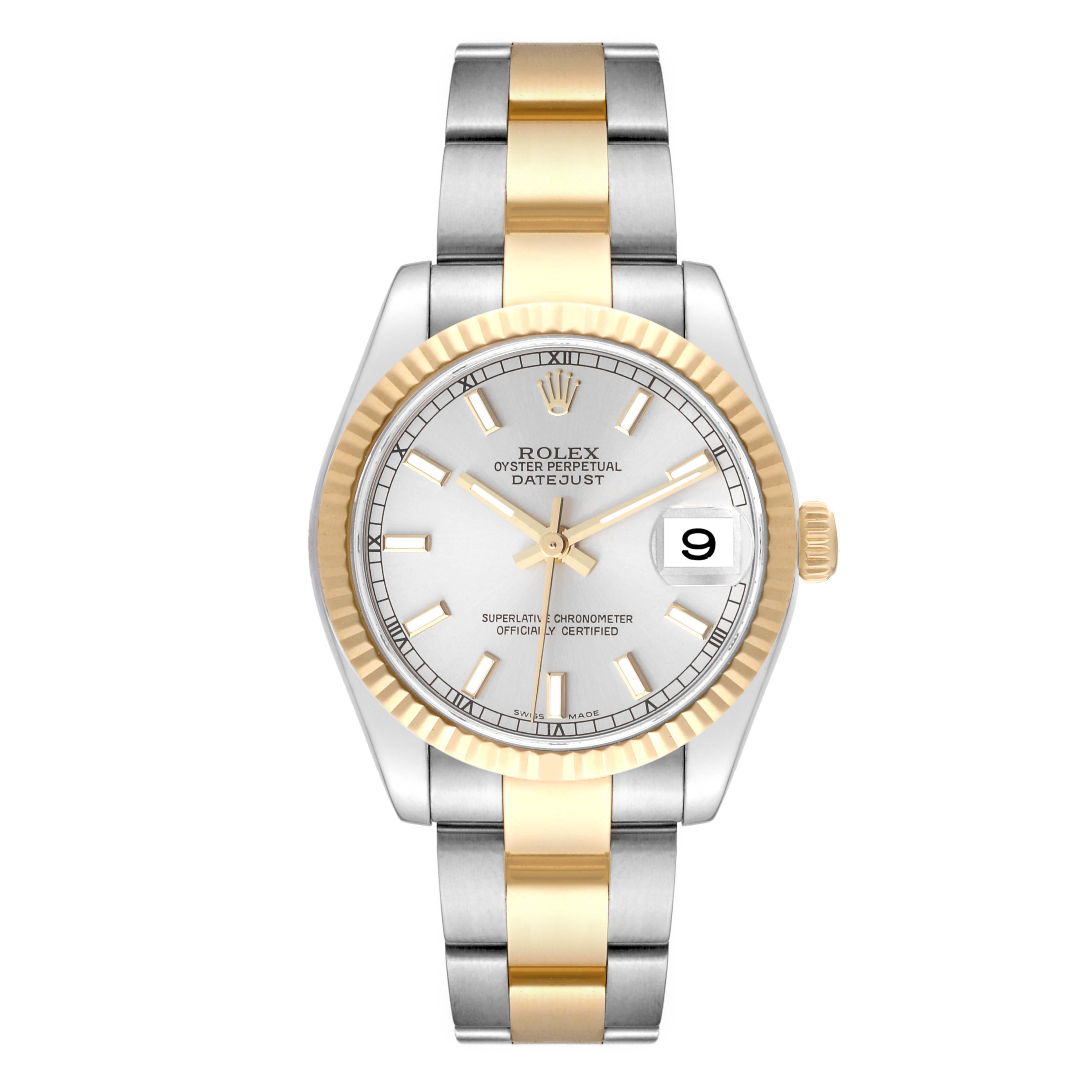 The image shows a front view of a Rolex Datejust Mid-Size model with a two-tone metal bracelet and a fluted bezel.