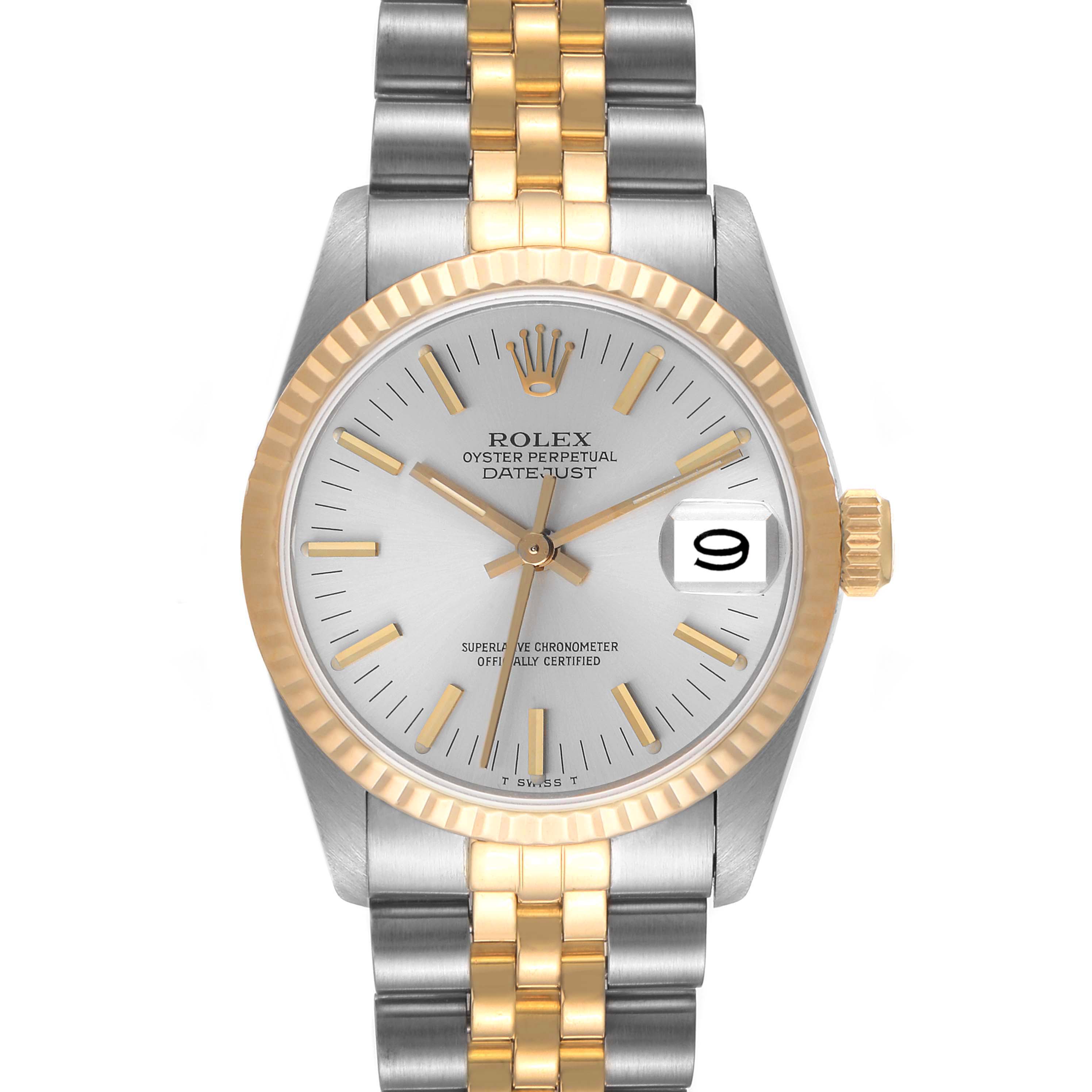 The image shows a front view of a Mid-Size Rolex Oyster Perpetual Datejust watch, showcasing its dial, bezel, and two-tone bracelet.