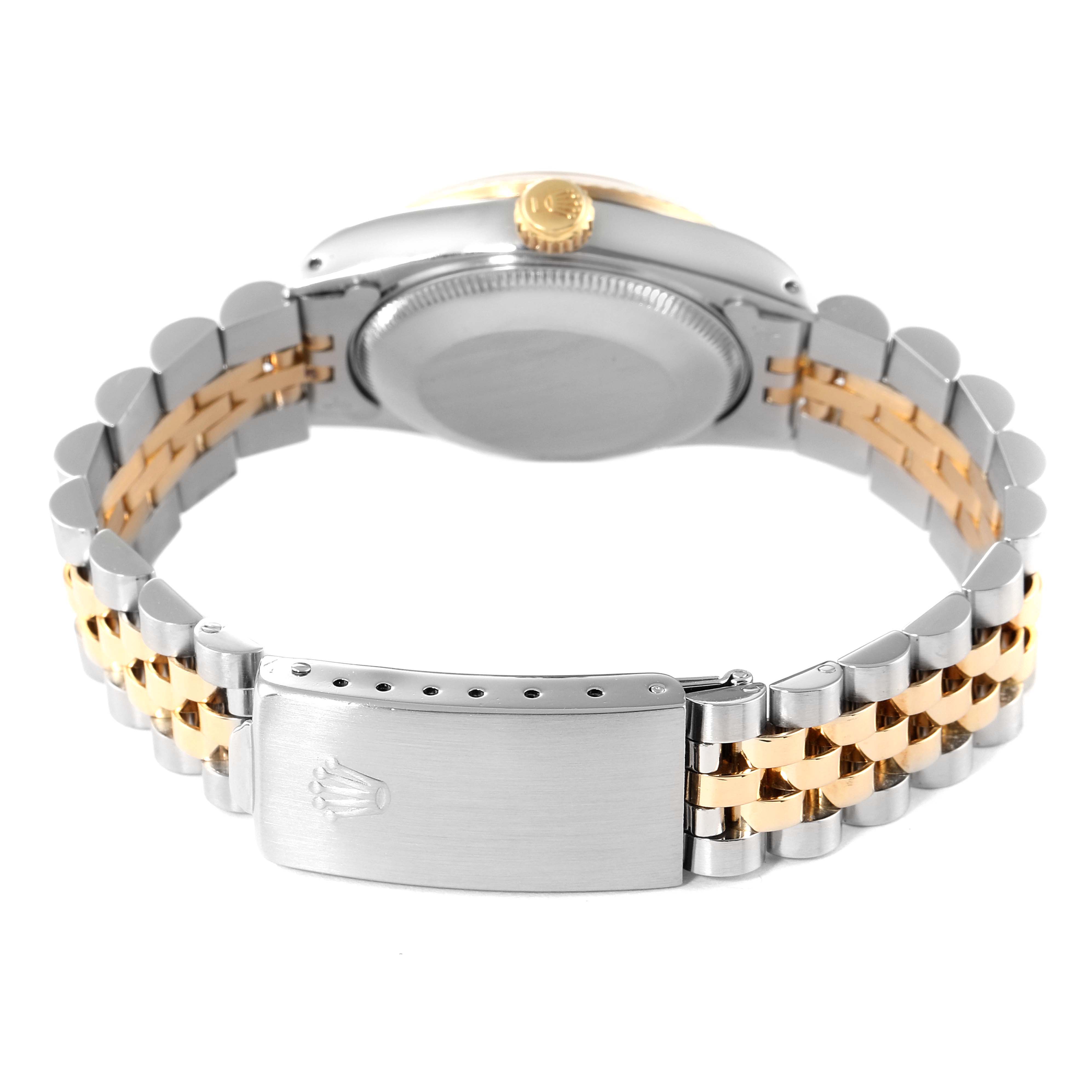 This image shows the back view of a Rolex Mid-Size 68273 Women
s Steel and Gold (two tone) Silver Dial 68273 Women
s Steel and Gold (two tone) Silver Dial model watch, including its case back, crown, and bracelet with a clasp.