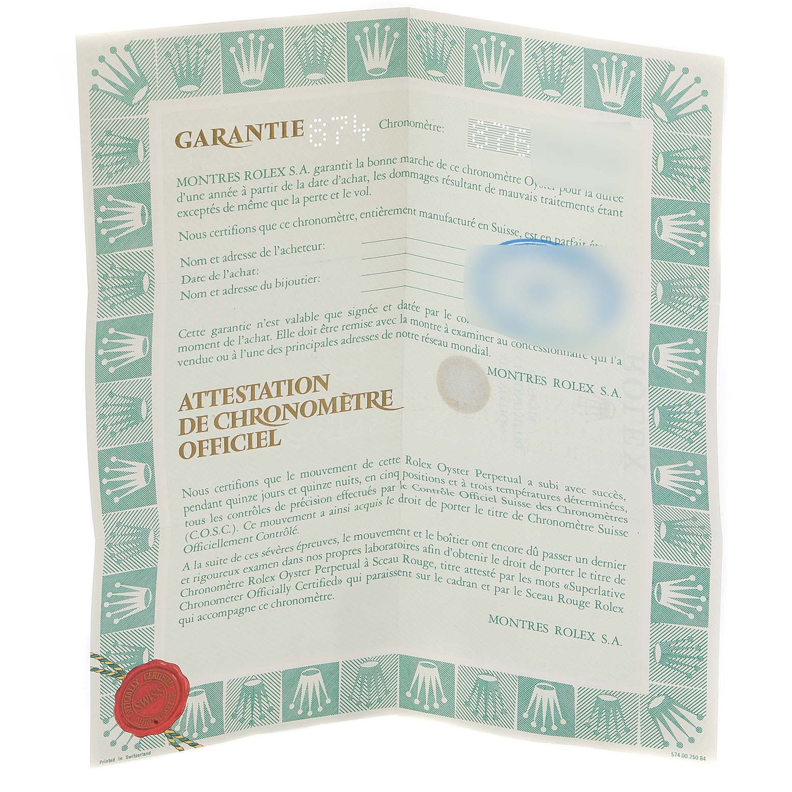 This image shows the certification and warranty document for a Rolex Mid-Size 68273 Women
s Steel and Gold (two tone) Silver Dial 68273 Women
s Steel and Gold (two tone) Silver Dial model watch.