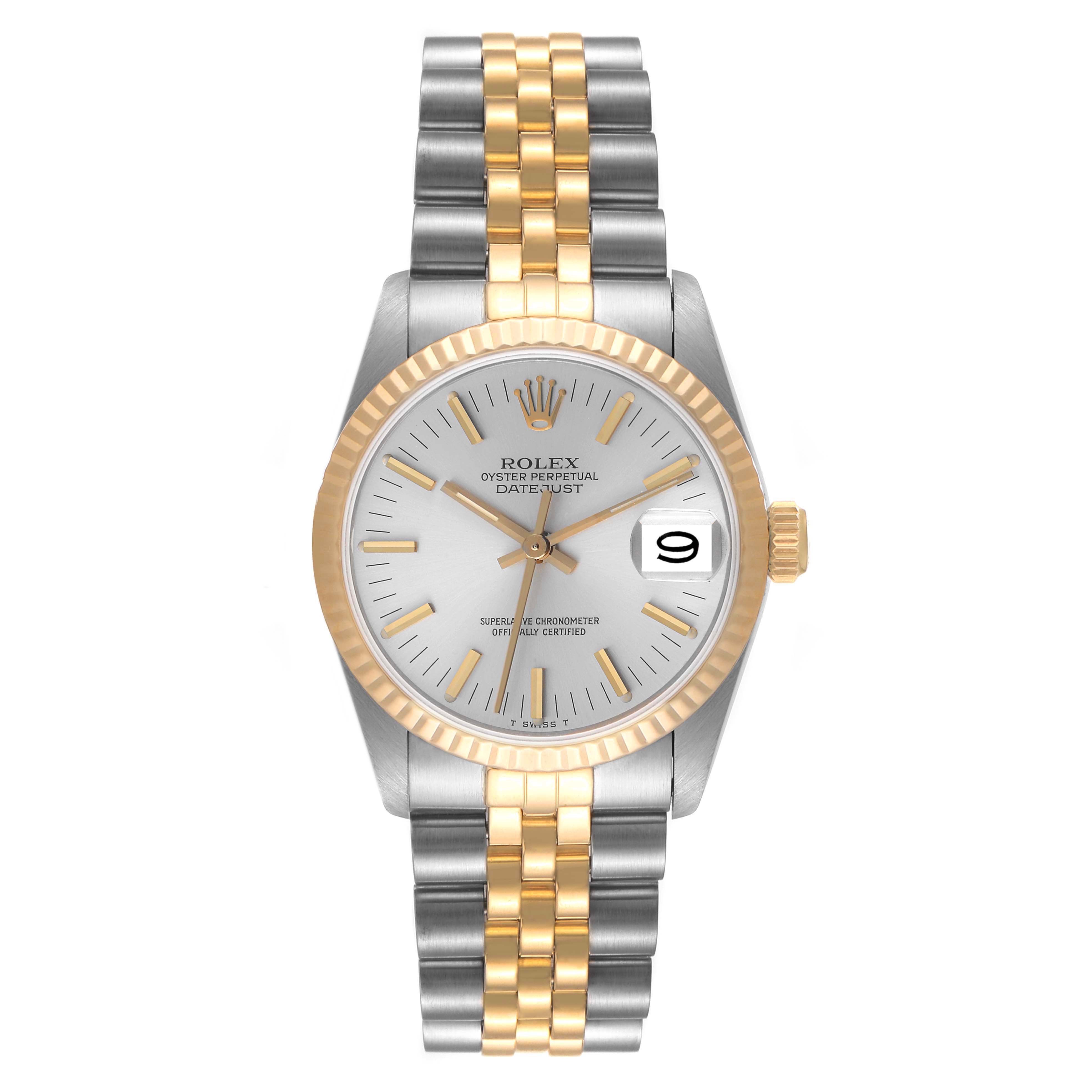 The image shows a front view of a Rolex Mid-Size 68273 Women
s Steel and Gold (two tone) Silver Dial 68273 Women
s Steel and Gold (two tone) Silver Dial Oyster Perpetual Datejust watch with a two-tone bracelet and fluted bezel.