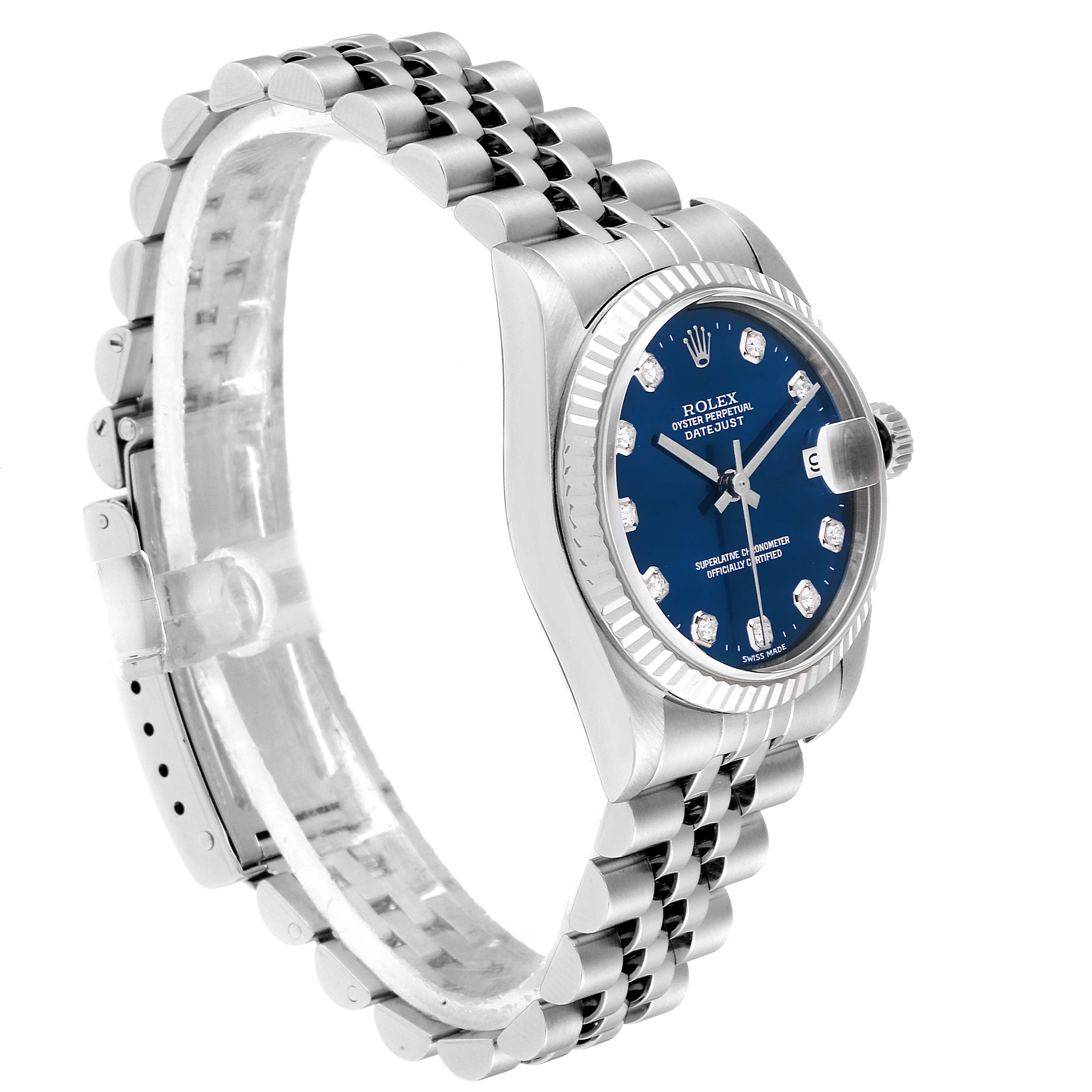 The image shows a side and partial top view of the Rolex Mid-Size 78274 Women
s Stainless Steel Blue Dial 78274 Women
s Stainless Steel Blue Dial model watch, highlighting its bracelet, bezel, and dial.