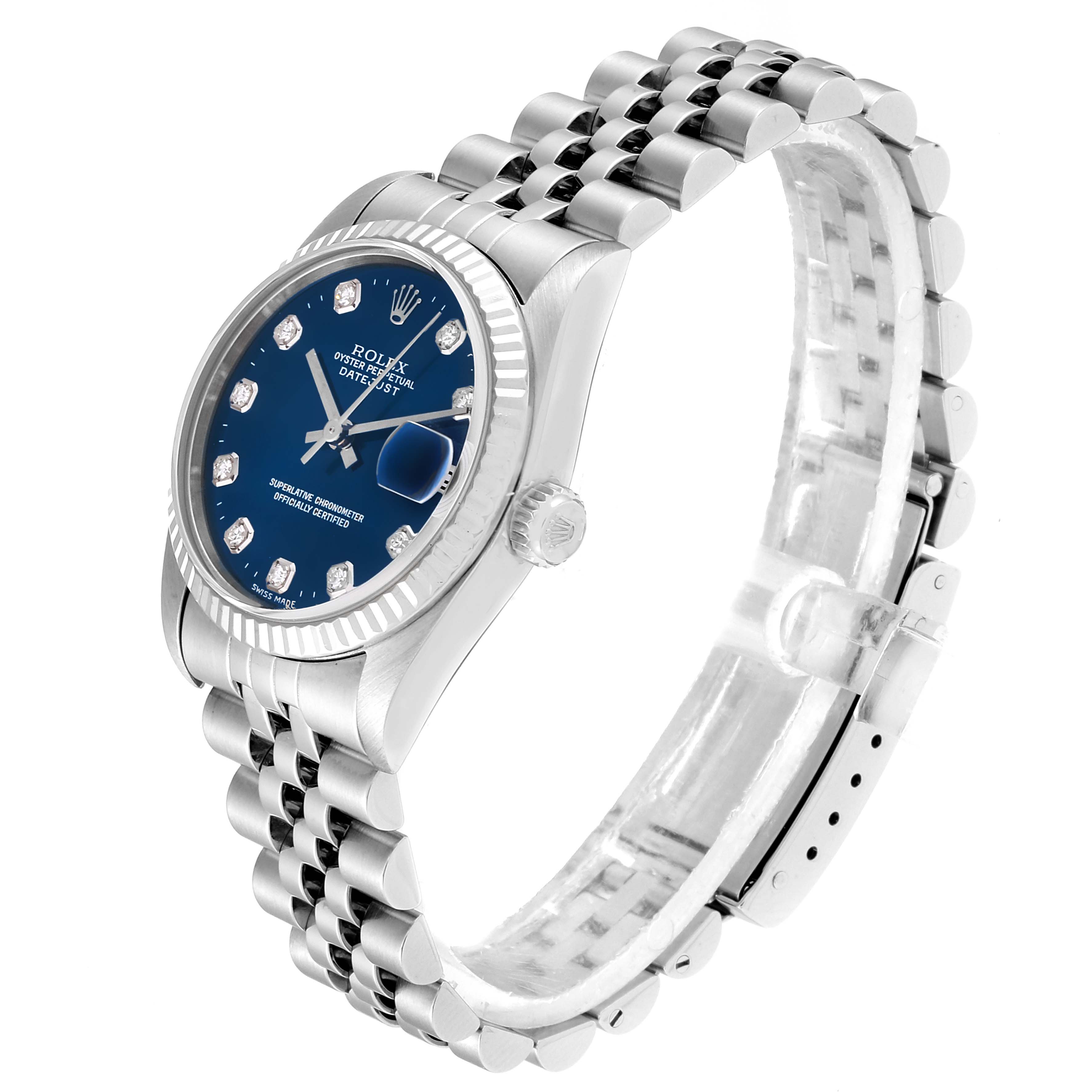 This image shows a Rolex Mid-Size 78274 Women
s Stainless Steel Blue Dial 78274 Women
s Stainless Steel Blue Dial Datejust watch from a 3 o
clock angle, highlighting the dial, bezel, bracelet, and clasp.