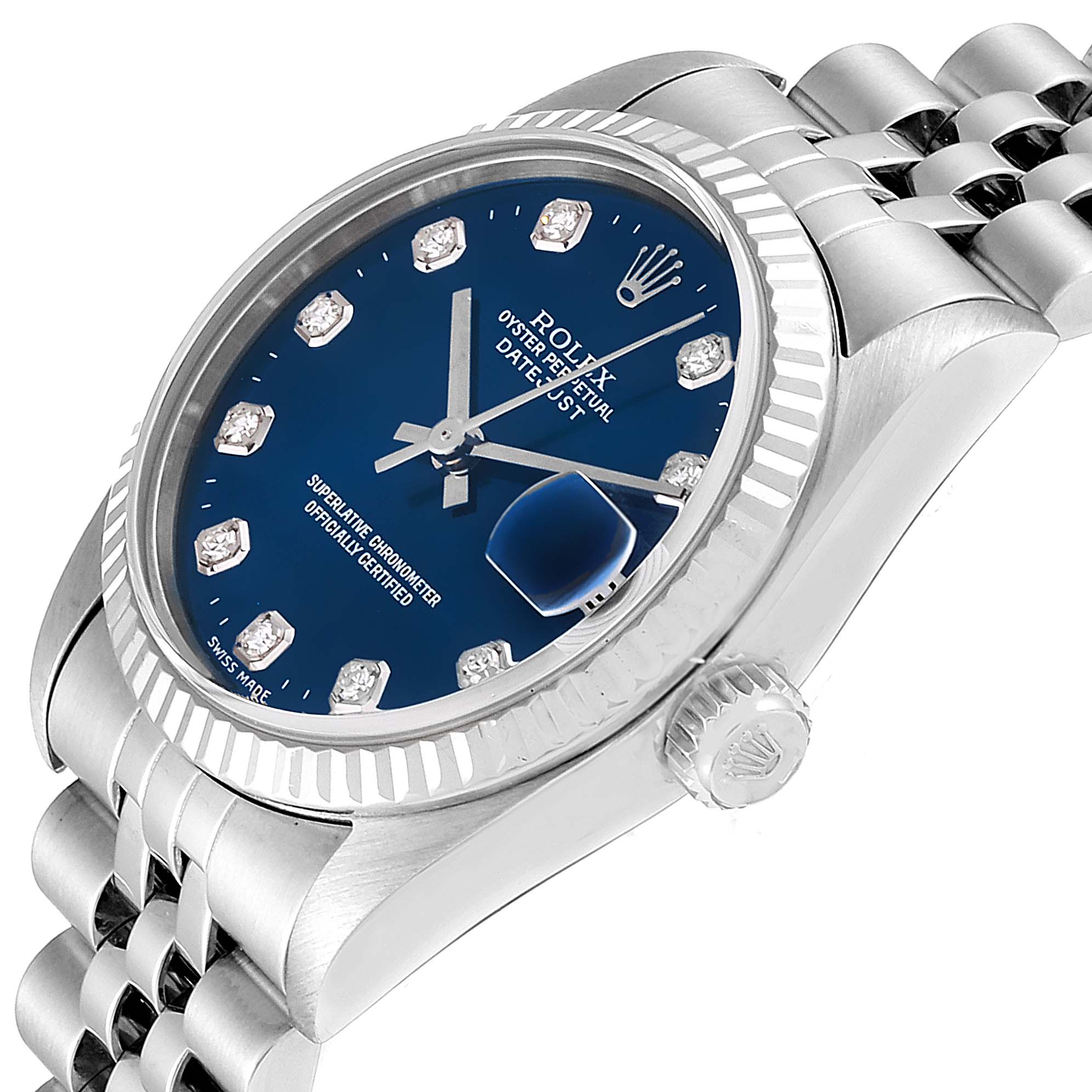 This Rolex Mid-Size 78274 Women
s Stainless Steel Blue Dial 78274 Women
s Stainless Steel Blue Dial watch is shown at an angled view displaying its dial, crown, bezel, and part of the bracelet.