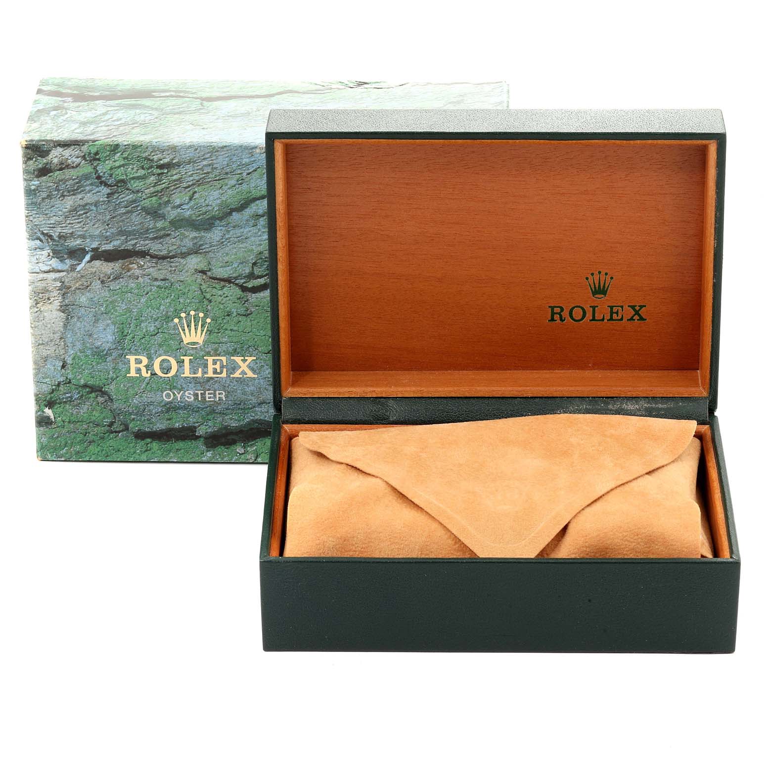 An open Rolex Mid-Size 78274 Women
s Stainless Steel Blue Dial 78274 Women
s Stainless Steel Blue Dial model box and suede pouch are shown from the front angle.