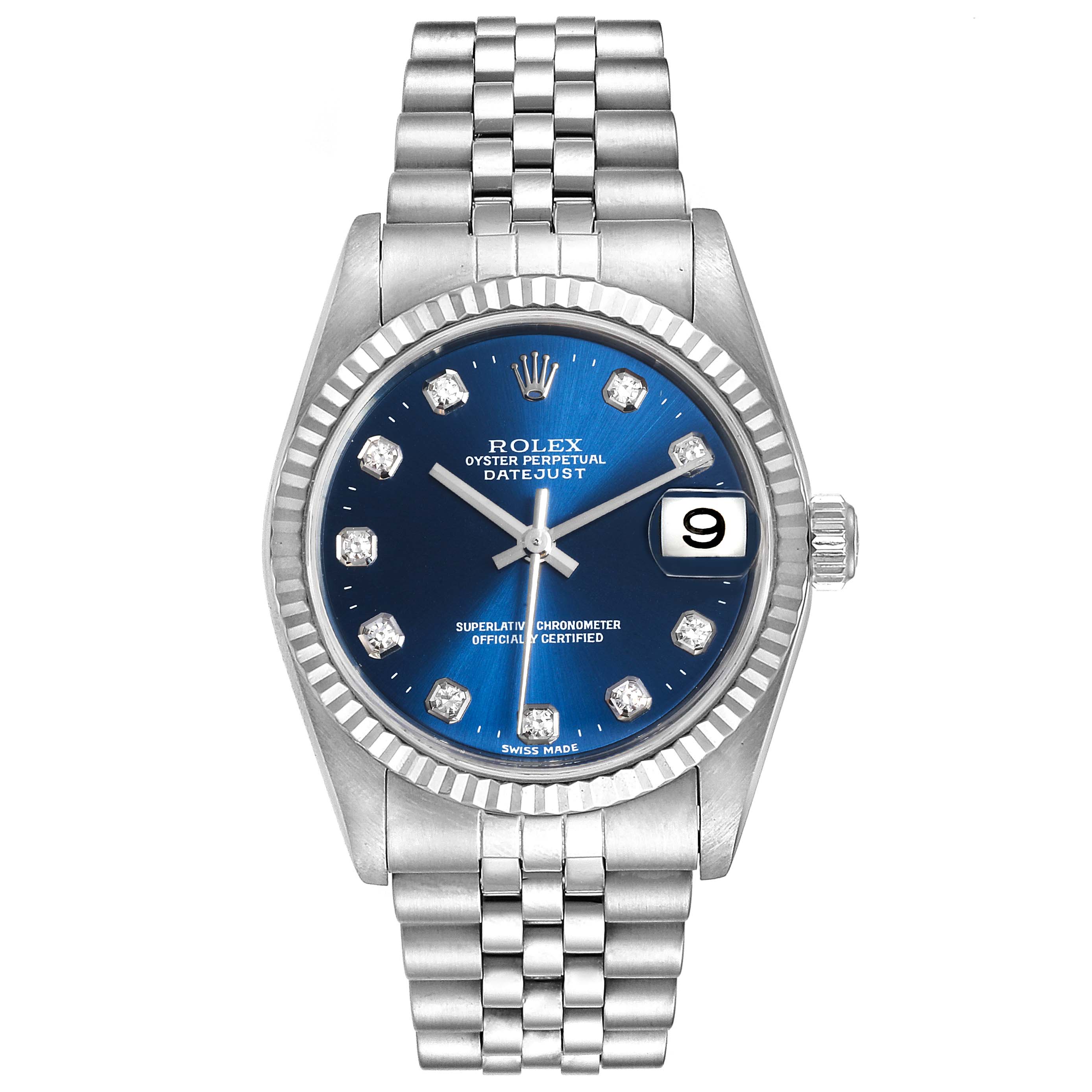 The image shows a front view of a Rolex Mid-Size 78274 Women
s Stainless Steel Blue Dial 78274 Women
s Stainless Steel Blue Dial Datejust watch, highlighting its blue dial and stainless steel bracelet.