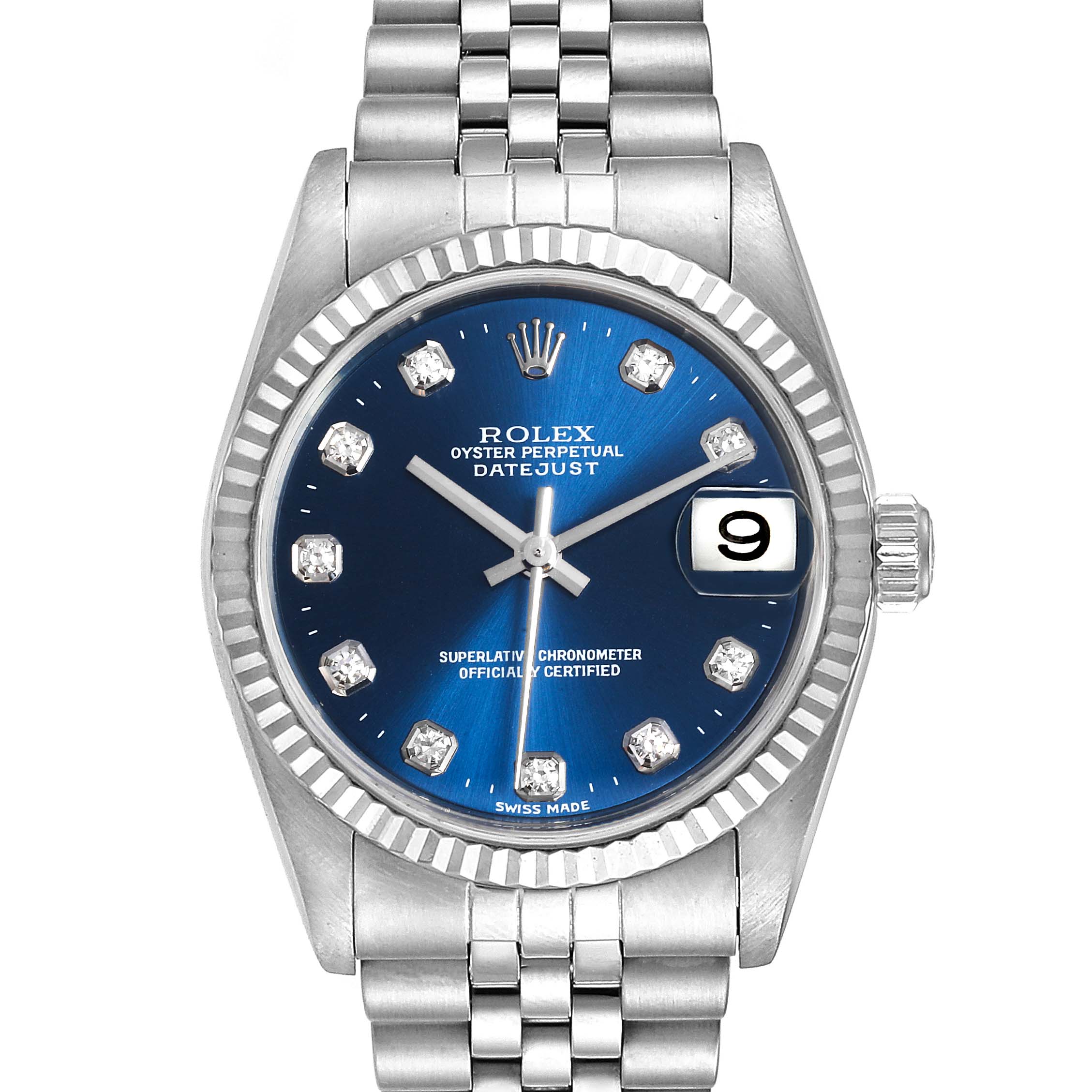 This is a front view of a Rolex Mid-Size 78274 Women
s Stainless Steel Blue Dial 78274 Women
s Stainless Steel Blue Dial Oyster Perpetual Datejust with a blue dial and a stainless steel bracelet.