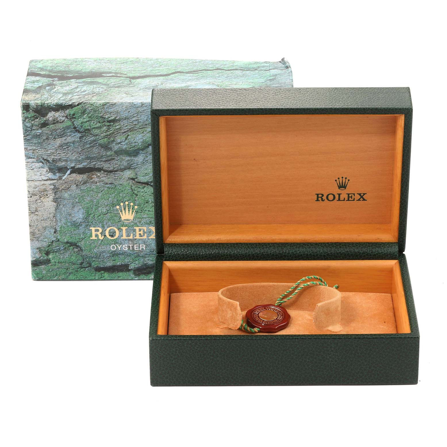 The image shows an open Rolex Datejust 16234 Men's Stainless Steel Silver Dial 16234 Men's Stainless Steel Silver Dial watch box with a tag inside, highlighting the wooden interior and exterior packaging.