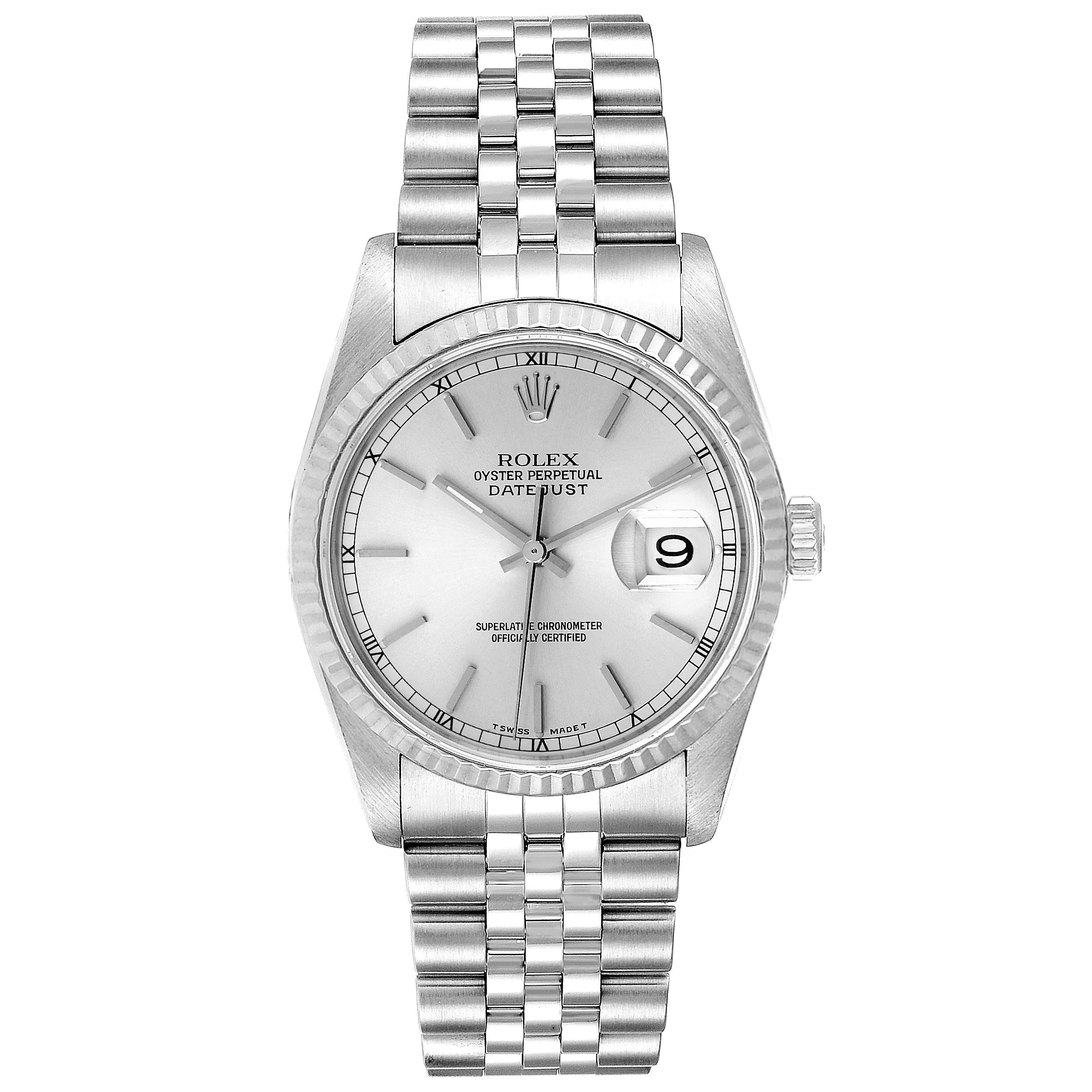 This image shows a front view of the Rolex Datejust 16234 Men's Stainless Steel Silver Dial 16234 Men's Stainless Steel Silver Dial watch, highlighting its silver dial, date window, and stainless steel bracelet.