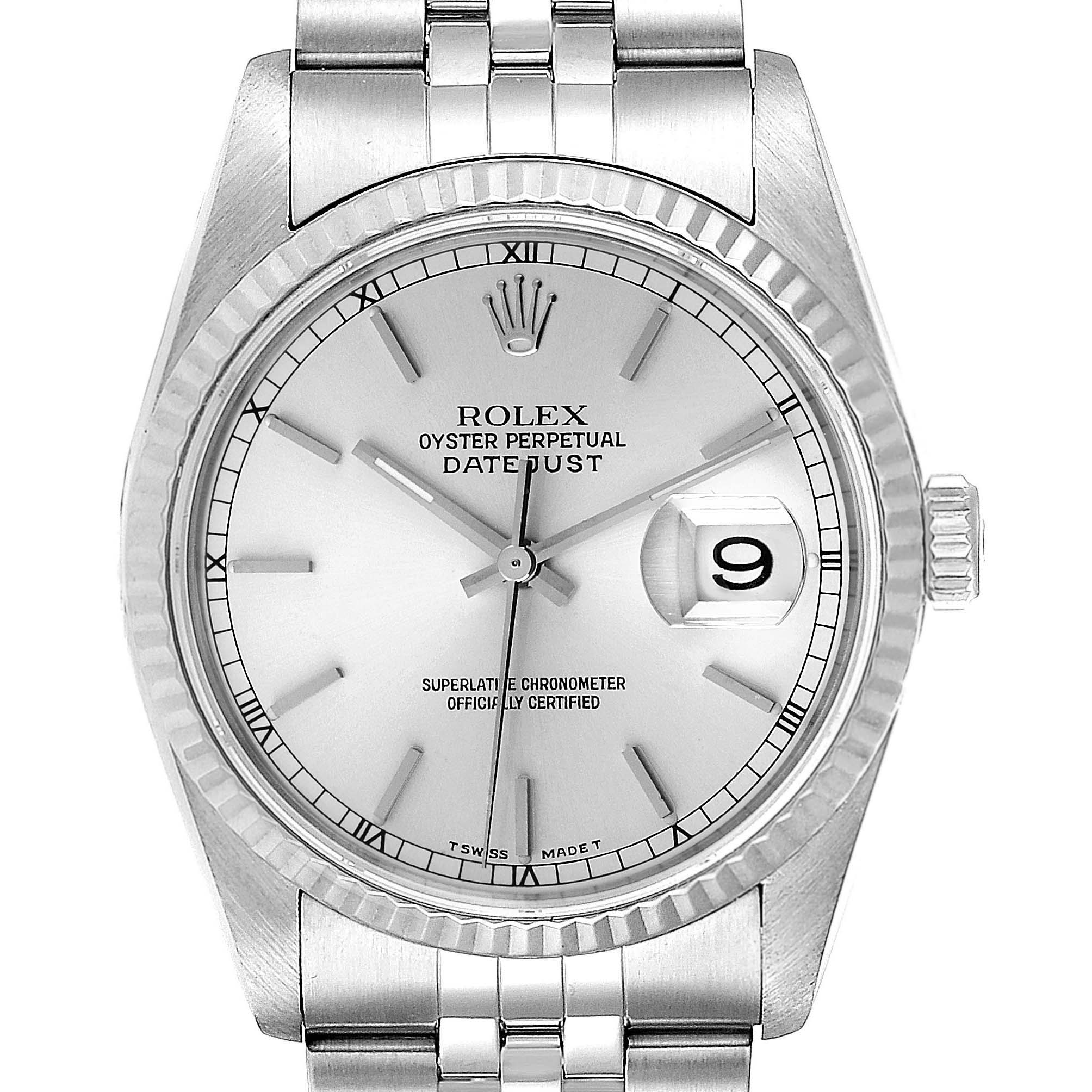 This image shows a close-up, front view of the Rolex Datejust 16234 Men's Stainless Steel Silver Dial 16234 Men's Stainless Steel Silver Dial watch, displaying its dial, bezel, and a portion of the bracelet.