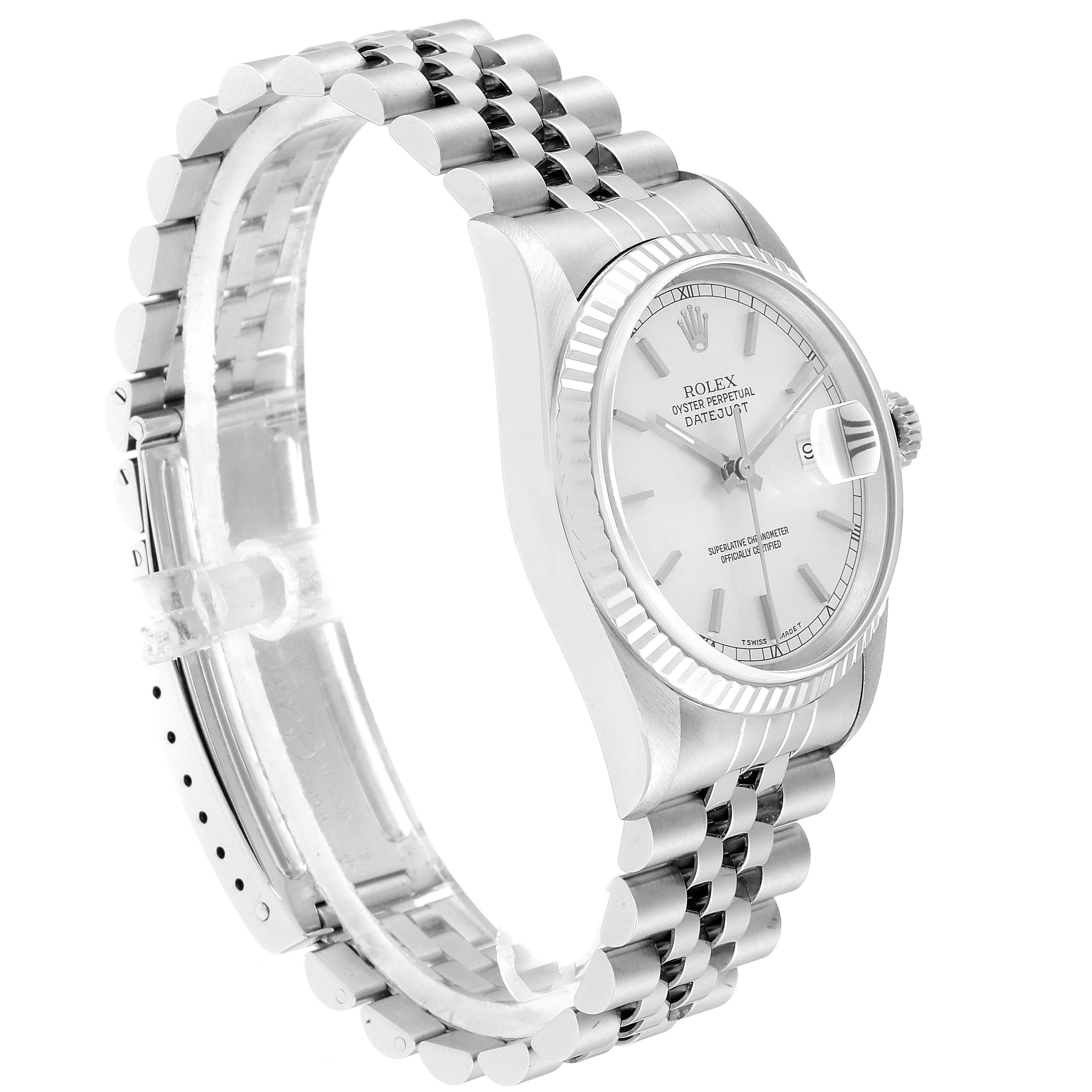 The image shows a Rolex Datejust 16234 Men's Stainless Steel Silver Dial 16234 Men's Stainless Steel Silver Dial watch from a slight side angle, highlighting its dial, bezel, case, and bracelet.