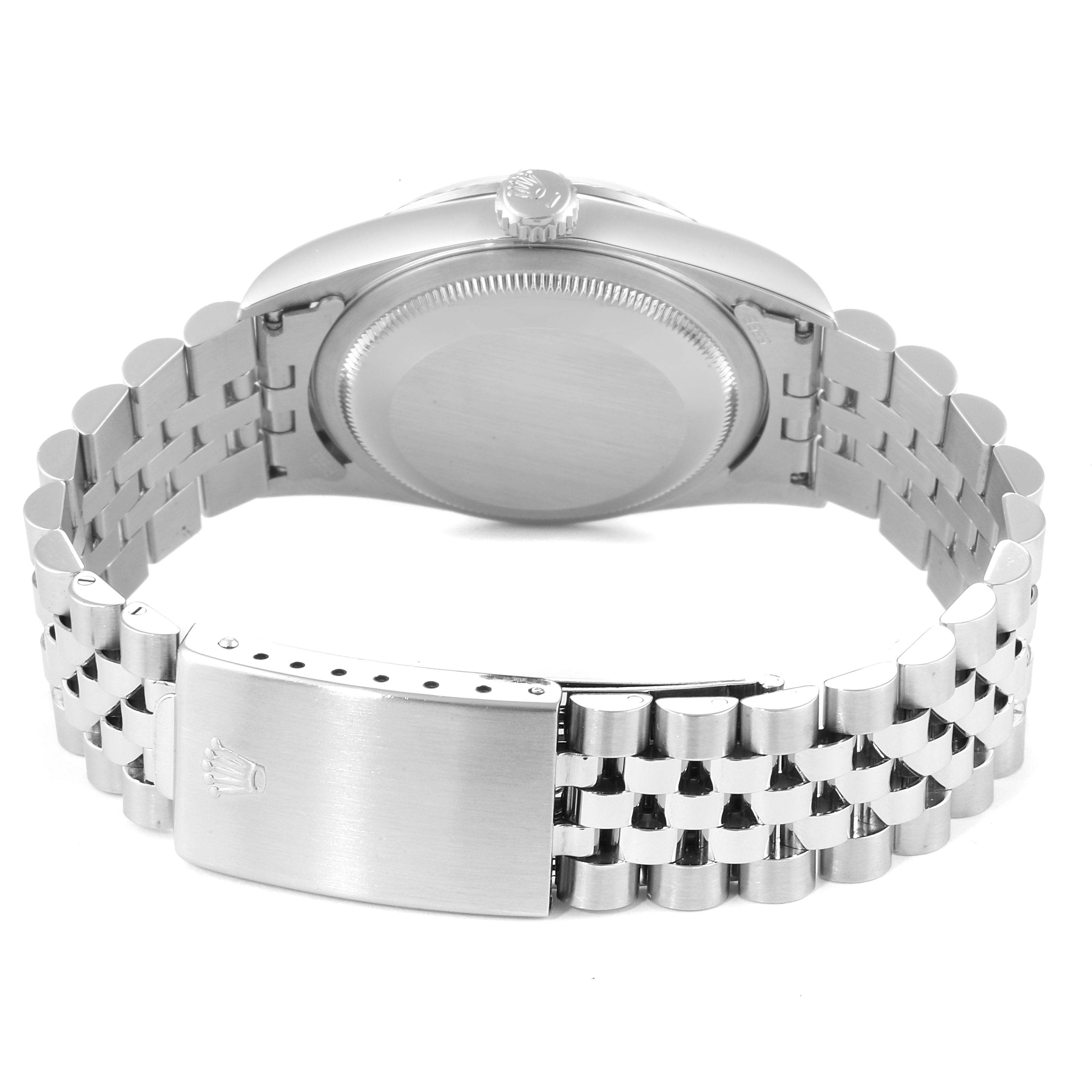 The image shows the back view of a Rolex Datejust 16234 Men's Stainless Steel Silver Dial 16234 Men's Stainless Steel Silver Dial watch, including its bracelet and clasp.