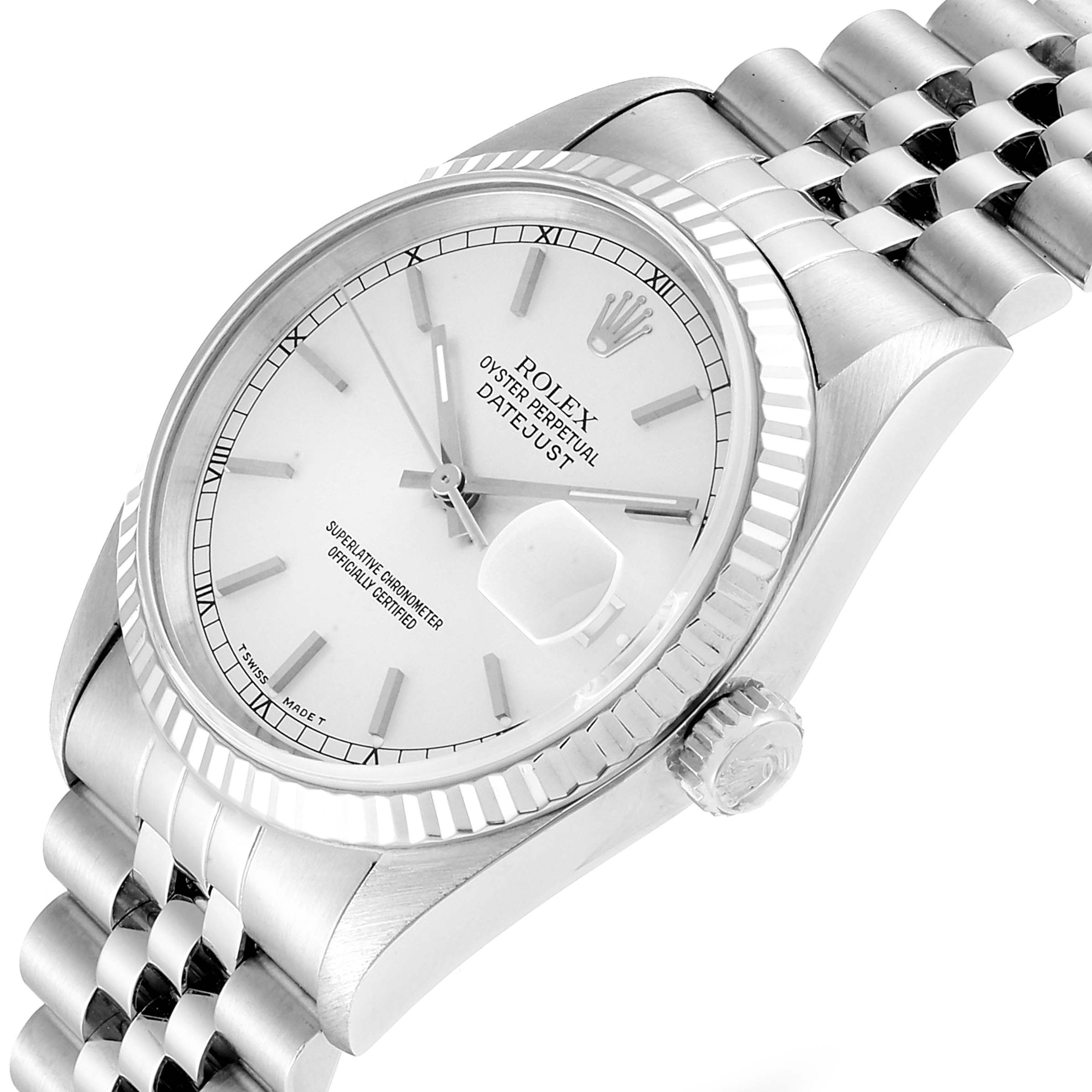 The image shows a Rolex Datejust 16234 Men's Stainless Steel Silver Dial 16234 Men's Stainless Steel Silver Dial watch at an angle, highlighting its dial, bezel, crown, and half of the bracelet.