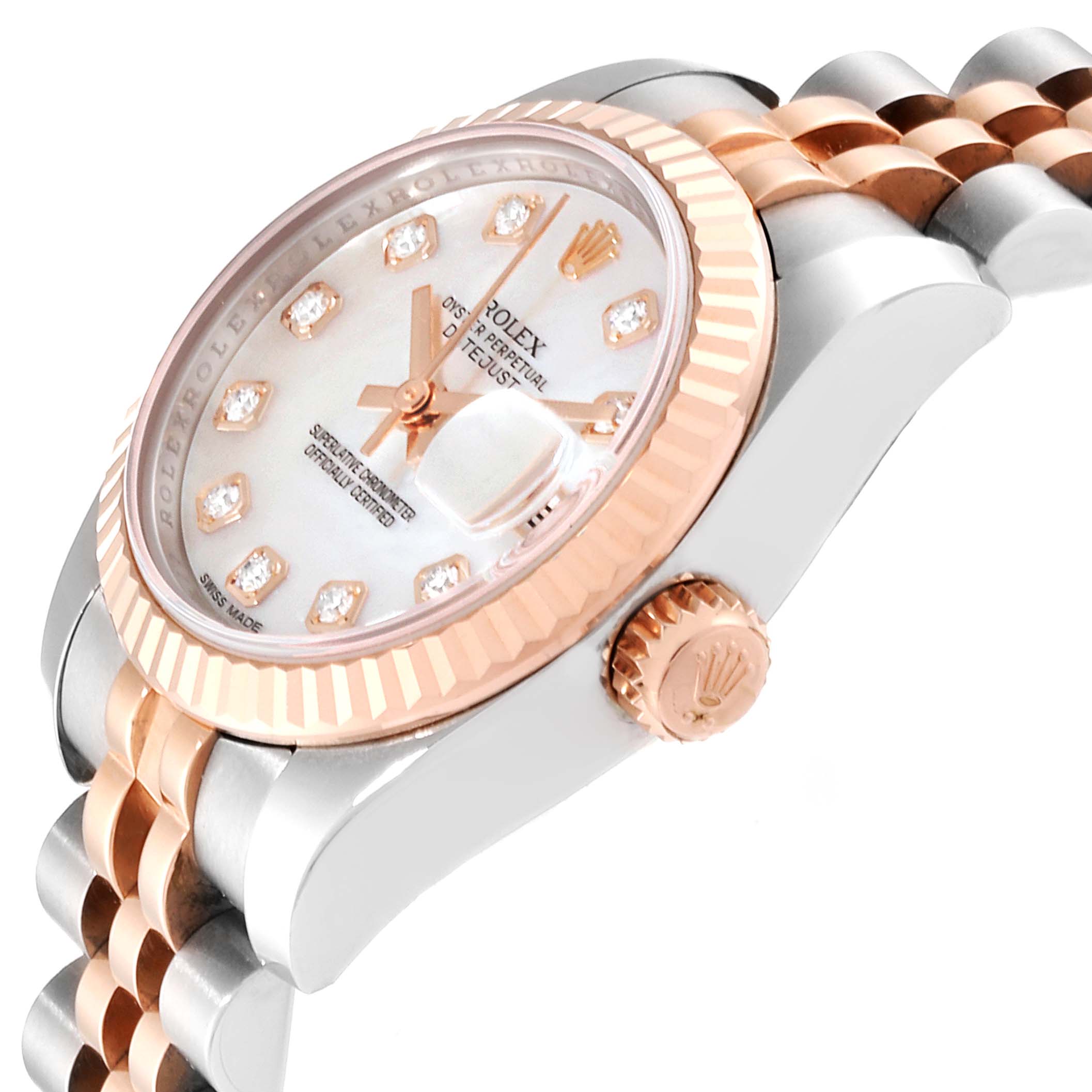 The Rolex Datejust 179171 Women's Steel and Gold (two tone) Mother of Pearl Dial 179171 Women's Steel and Gold (two tone) Mother of Pearl Dial watch is shown at an angle highlighting the crown, bezel, and partial bracelet.