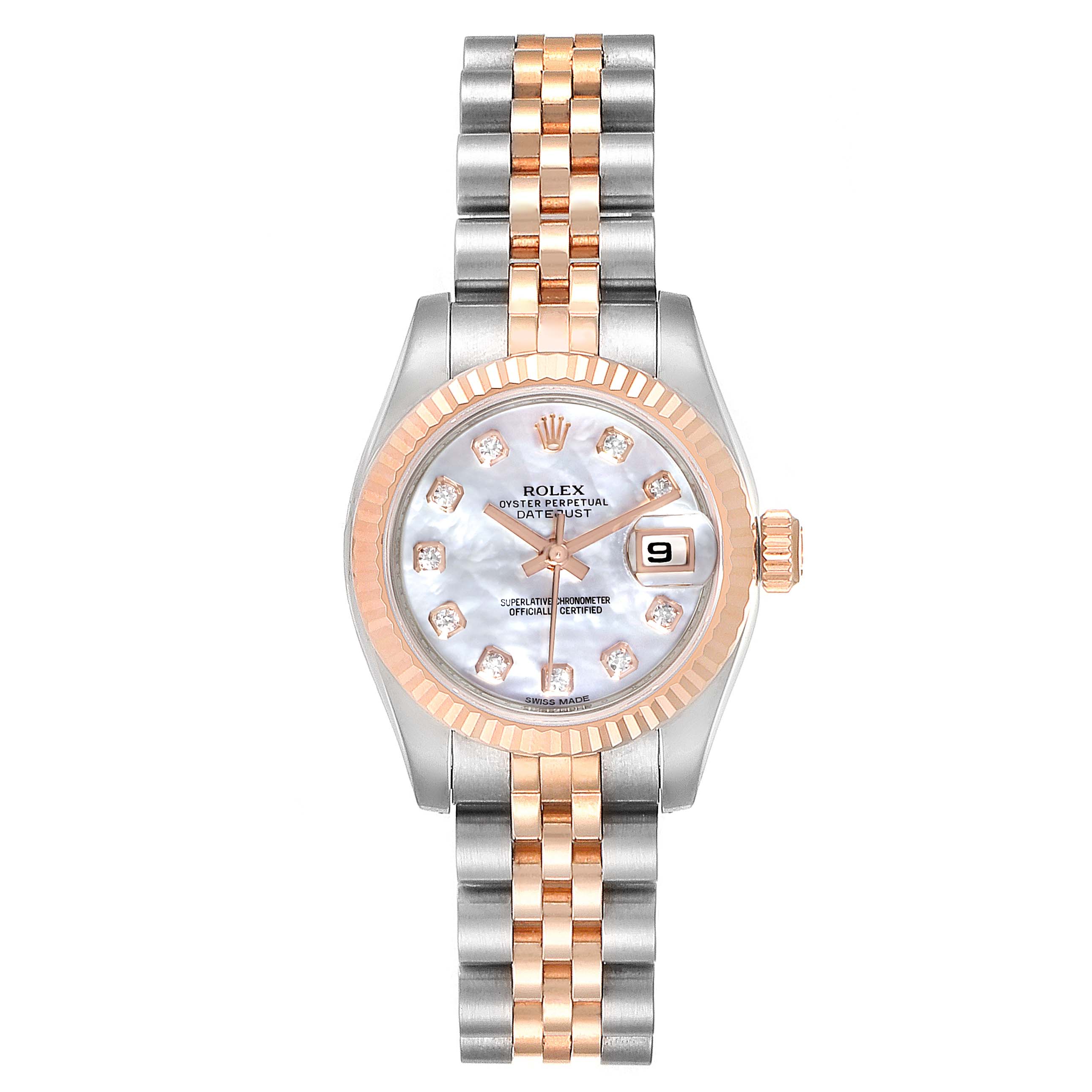 The image shows a front view of a Rolex Datejust 179171 Women's Steel and Gold (two tone) Mother of Pearl Dial 179171 Women's Steel and Gold (two tone) Mother of Pearl Dial watch, highlighting its dial, bezel, and bracelet.