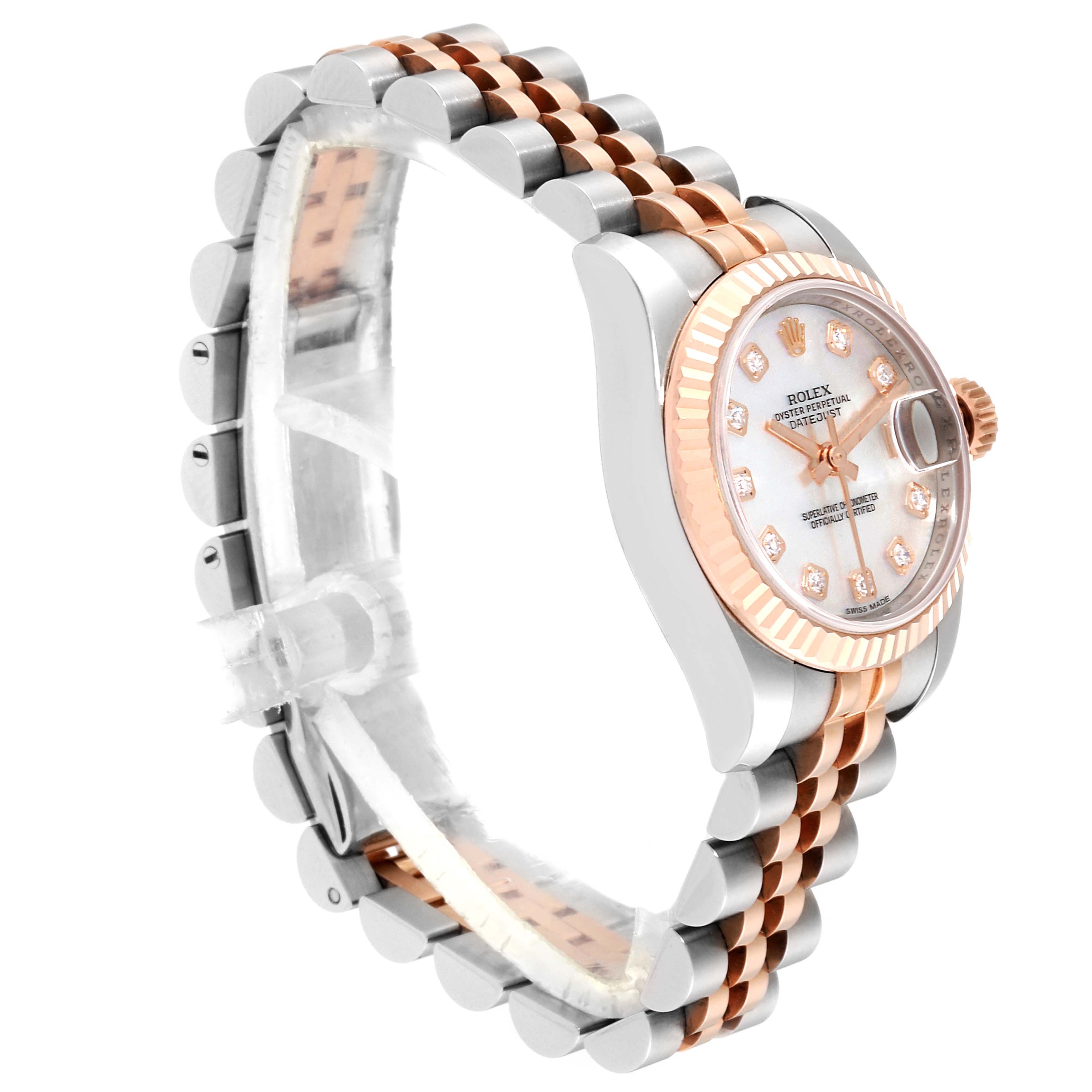 The image shows a side angle of a Rolex Datejust 179171 Women's Steel and Gold (two tone) Mother of Pearl Dial 179171 Women's Steel and Gold (two tone) Mother of Pearl Dial watch, highlighting the case, bezel, dial, and Jubilee bracelet.