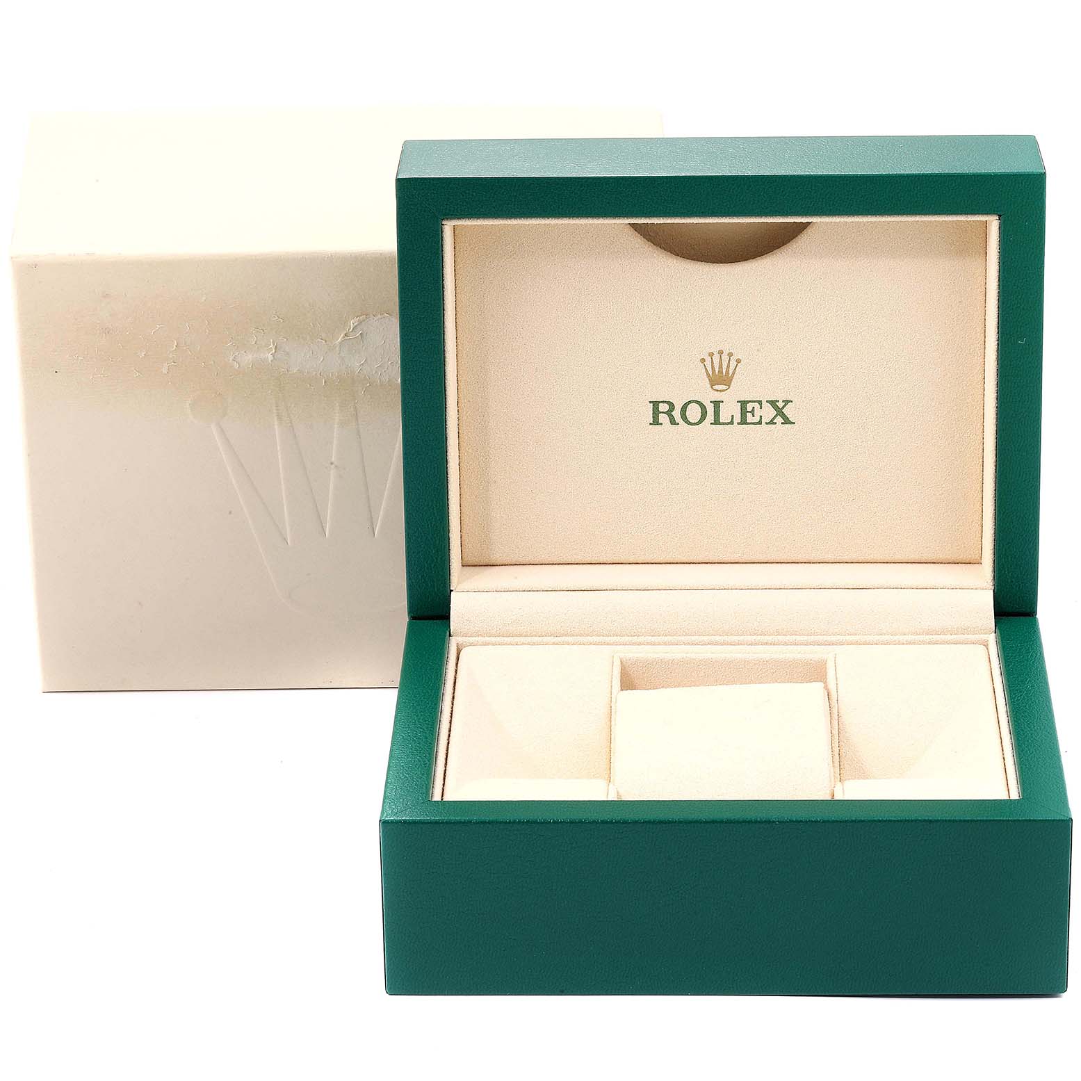 The image shows the opened green watch box for the Rolex Datejust 179171 Women's Steel and Gold (two tone) Mother of Pearl Dial 179171 Women's Steel and Gold (two tone) Mother of Pearl Dial model, revealing its beige interior.