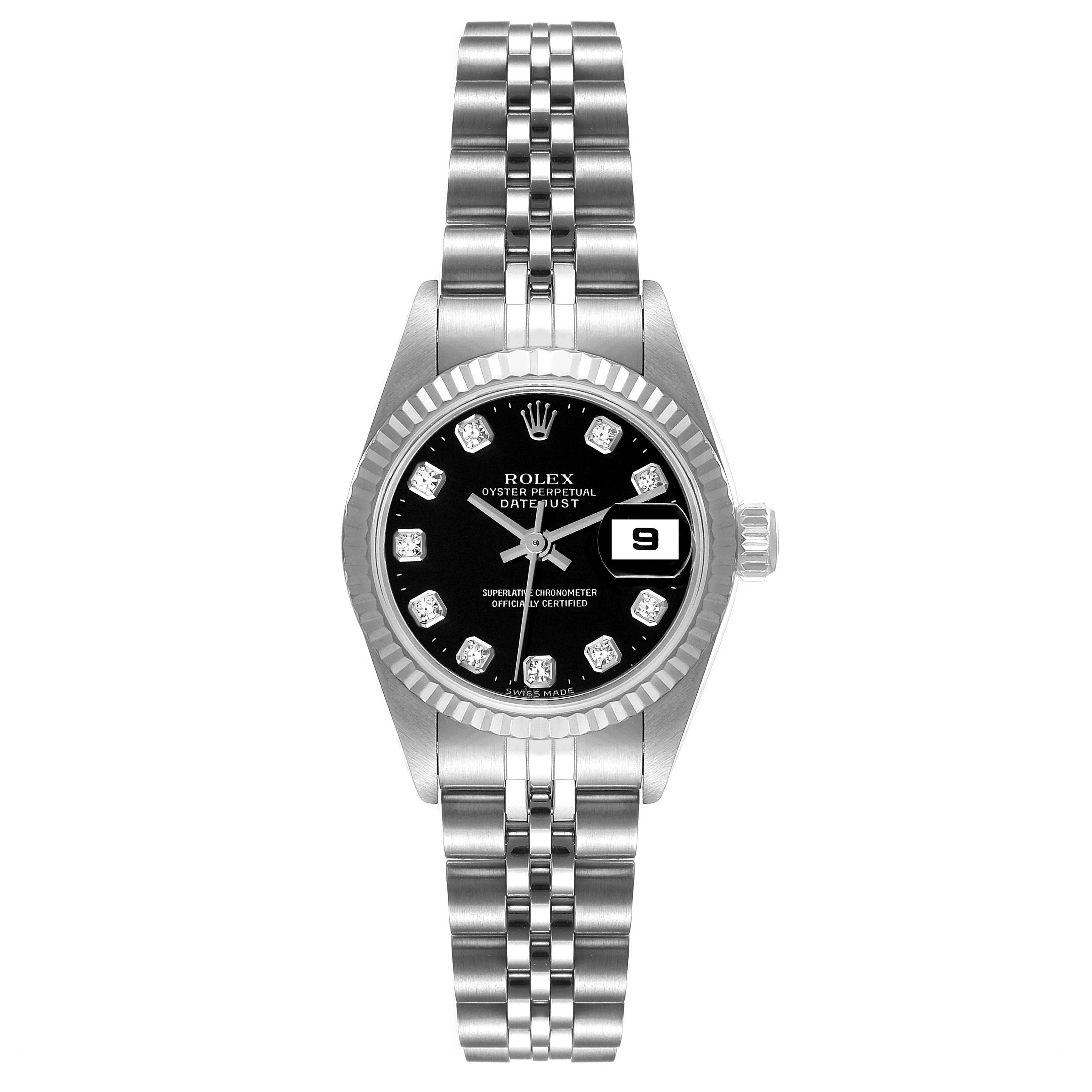 This image shows a Rolex Datejust 79174 Women's Stainless Steel Black Dial 79174 Women's Stainless Steel Black Dial watch from a straight-on angle, highlighting the face, bezel, and bracelet.