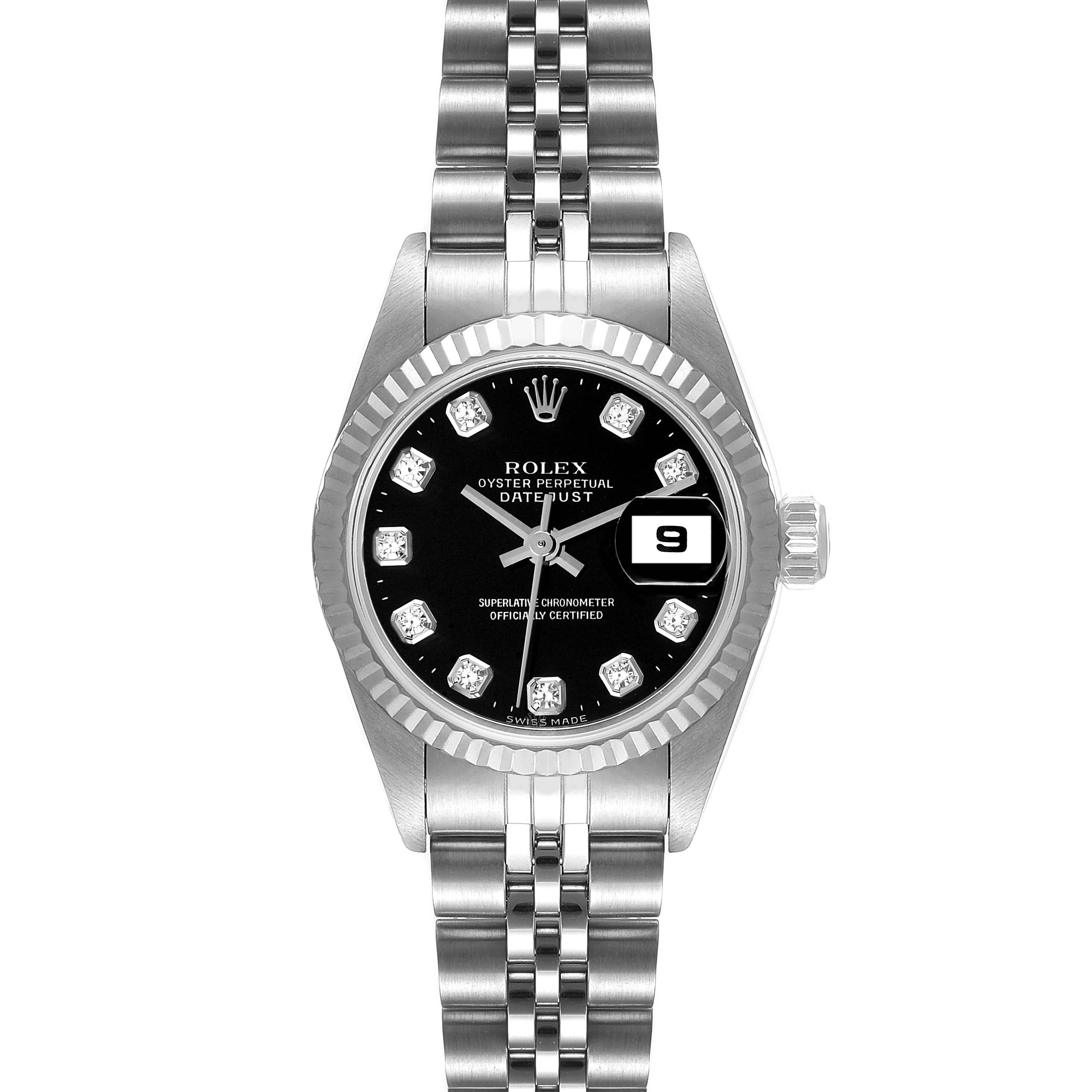 This is a front view of a Rolex Datejust 79174 Women's Stainless Steel Black Dial 79174 Women's Stainless Steel Black Dial watch, showing the dial, bracelet, bezel, and date window.