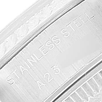 Close-up of the stainless steel engraving on the Rolex Datejust 79174 Women's Stainless Steel Black Dial 79174 Women's Stainless Steel Black Dial model watch, showcasing part of the caseback.