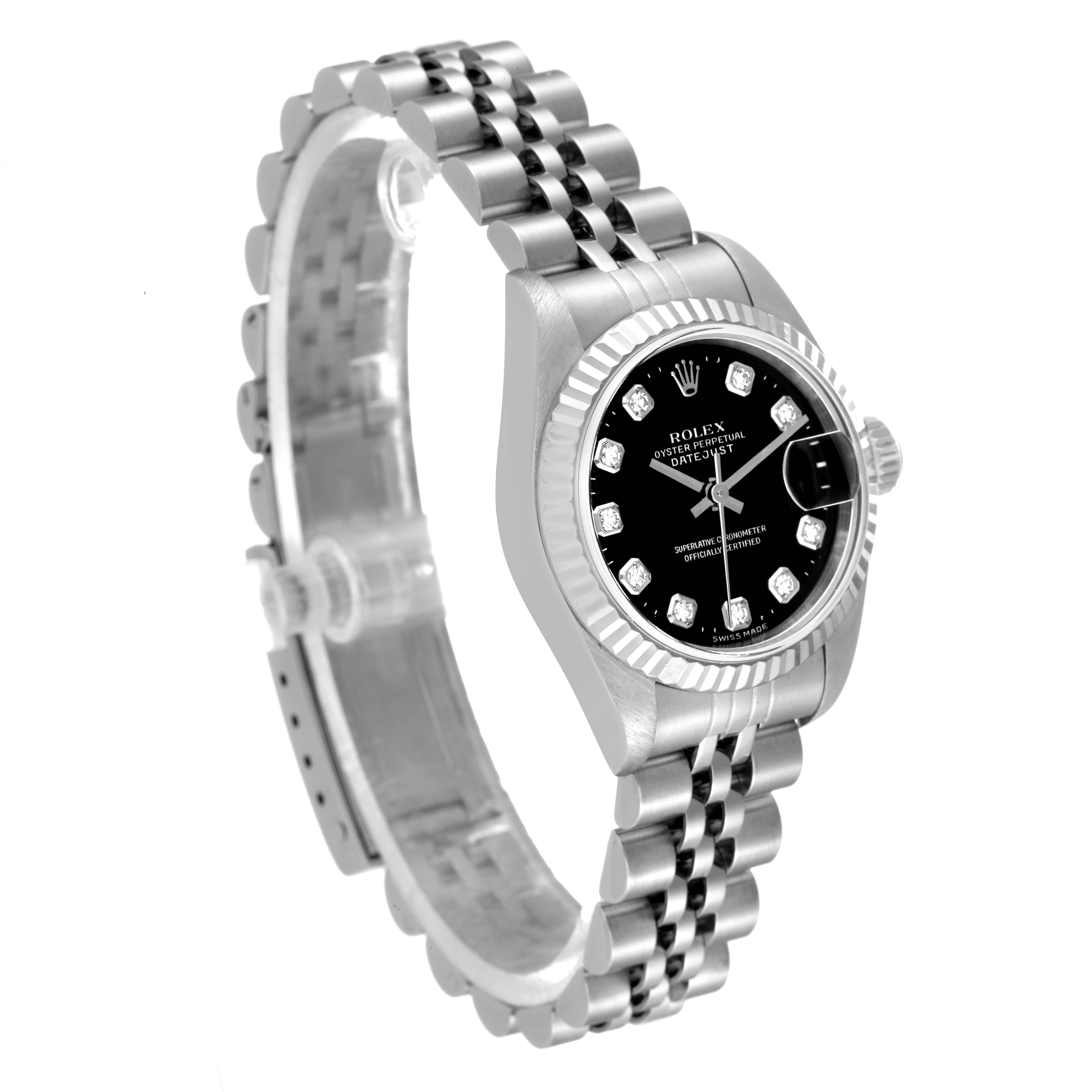 The image shows a Rolex Datejust 79174 Women's Stainless Steel Black Dial 79174 Women's Stainless Steel Black Dial watch, angled to display the face, bezel, and bracelet.