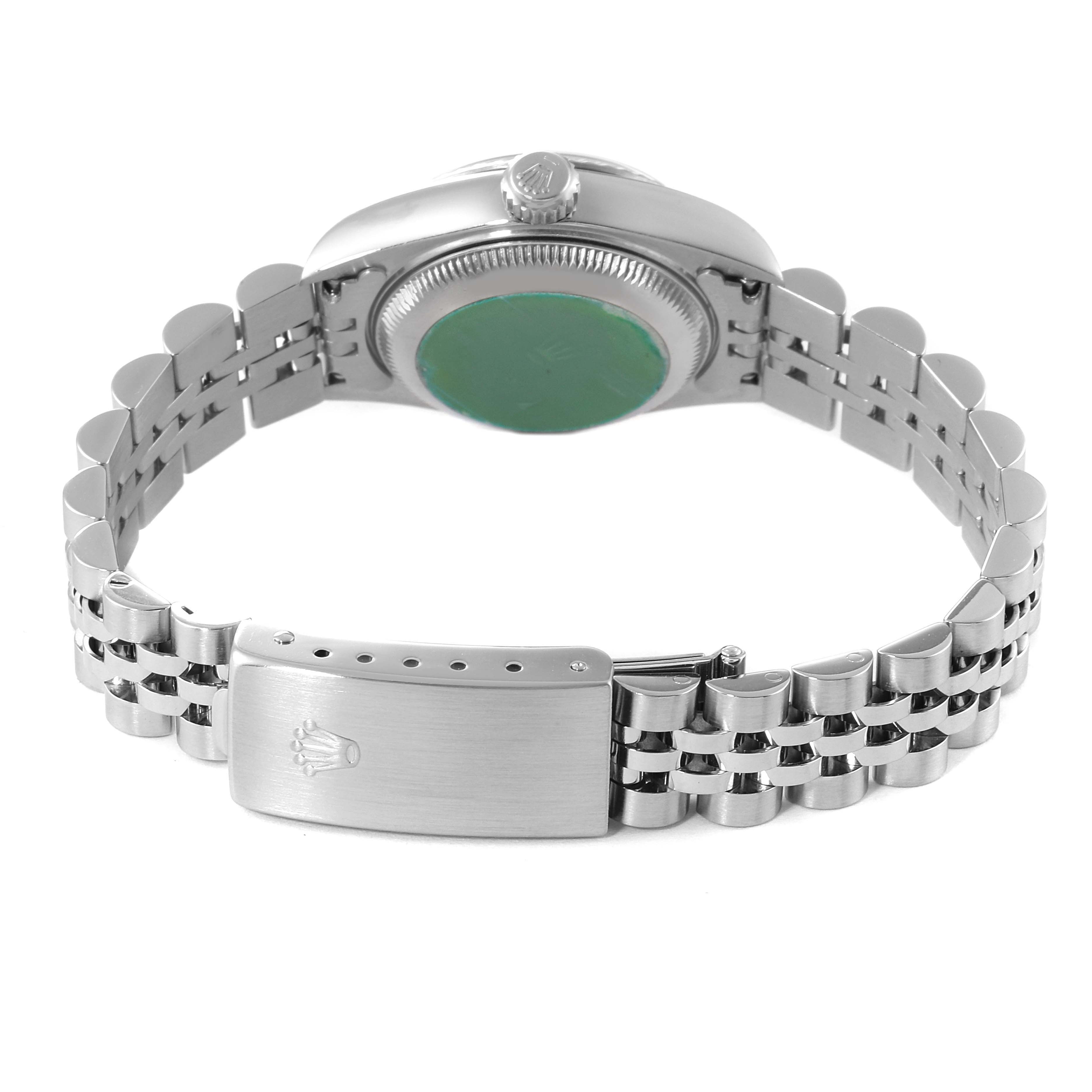The image shows the back and bracelet of a Rolex Datejust 79174 Women's Stainless Steel Black Dial 79174 Women's Stainless Steel Black Dial watch, highlighting the clasp and case back.
