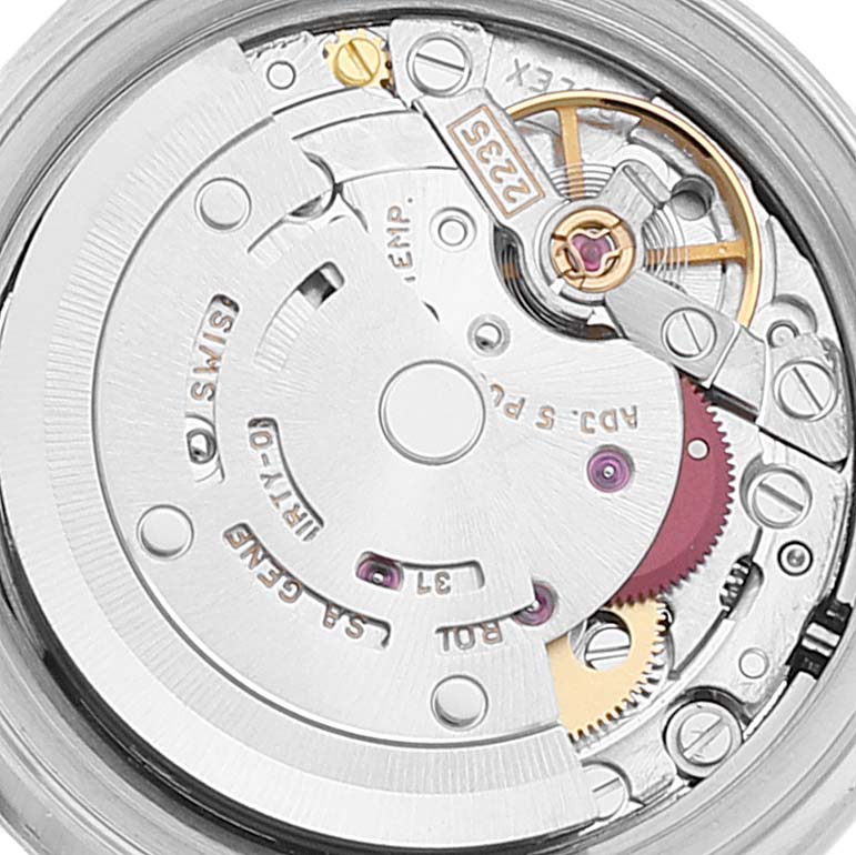 This is the inner movement mechanism of the Rolex Datejust 79174 Women's Stainless Steel Black Dial 79174 Women's Stainless Steel Black Dial watch, showcasing its intricate components.