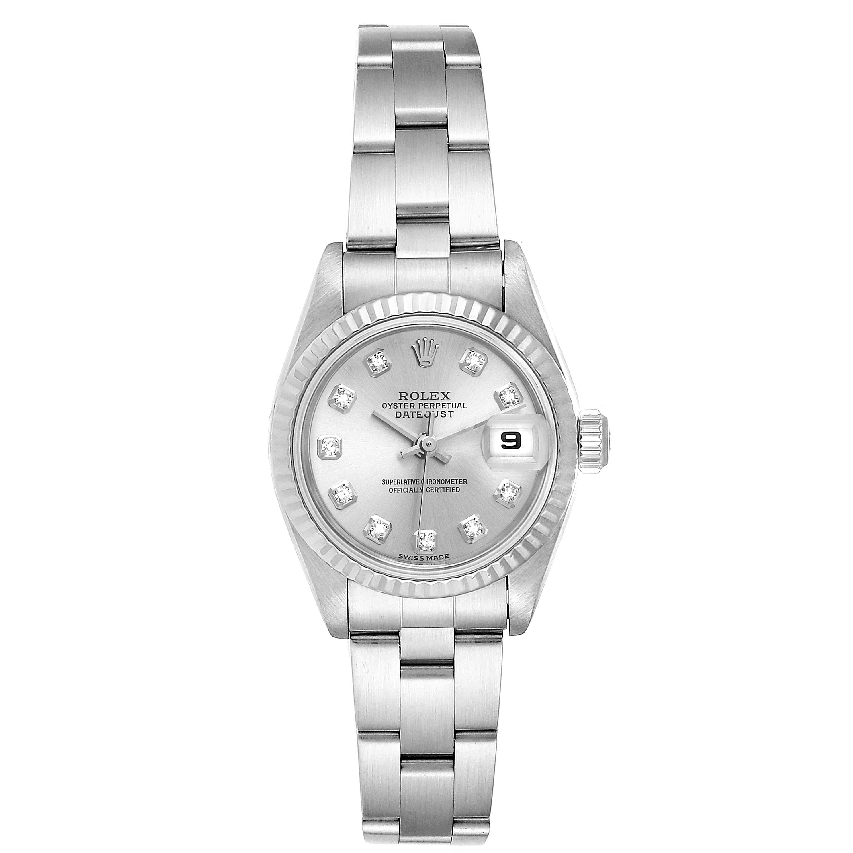 This image shows a front view of the Rolex Datejust 79174 Women
s Stainless Steel Silver Dial 79174 Women
s Stainless Steel Silver Dial watch, highlighting the dial, bracelet, and date window.