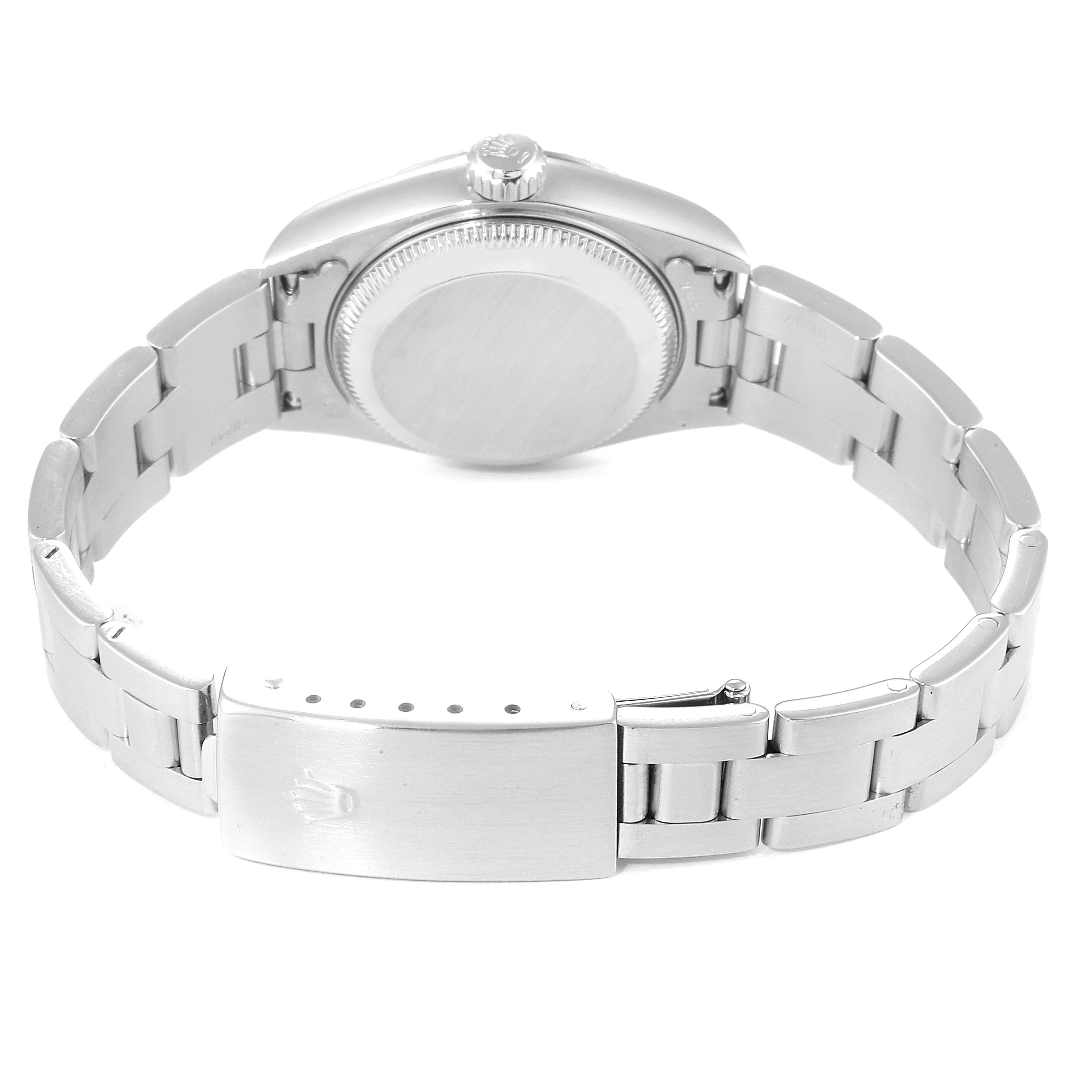 This image shows the back case and bracelet clasp of the Rolex Datejust 79174 Women
s Stainless Steel Silver Dial 79174 Women
s Stainless Steel Silver Dial watch from a rear angle.