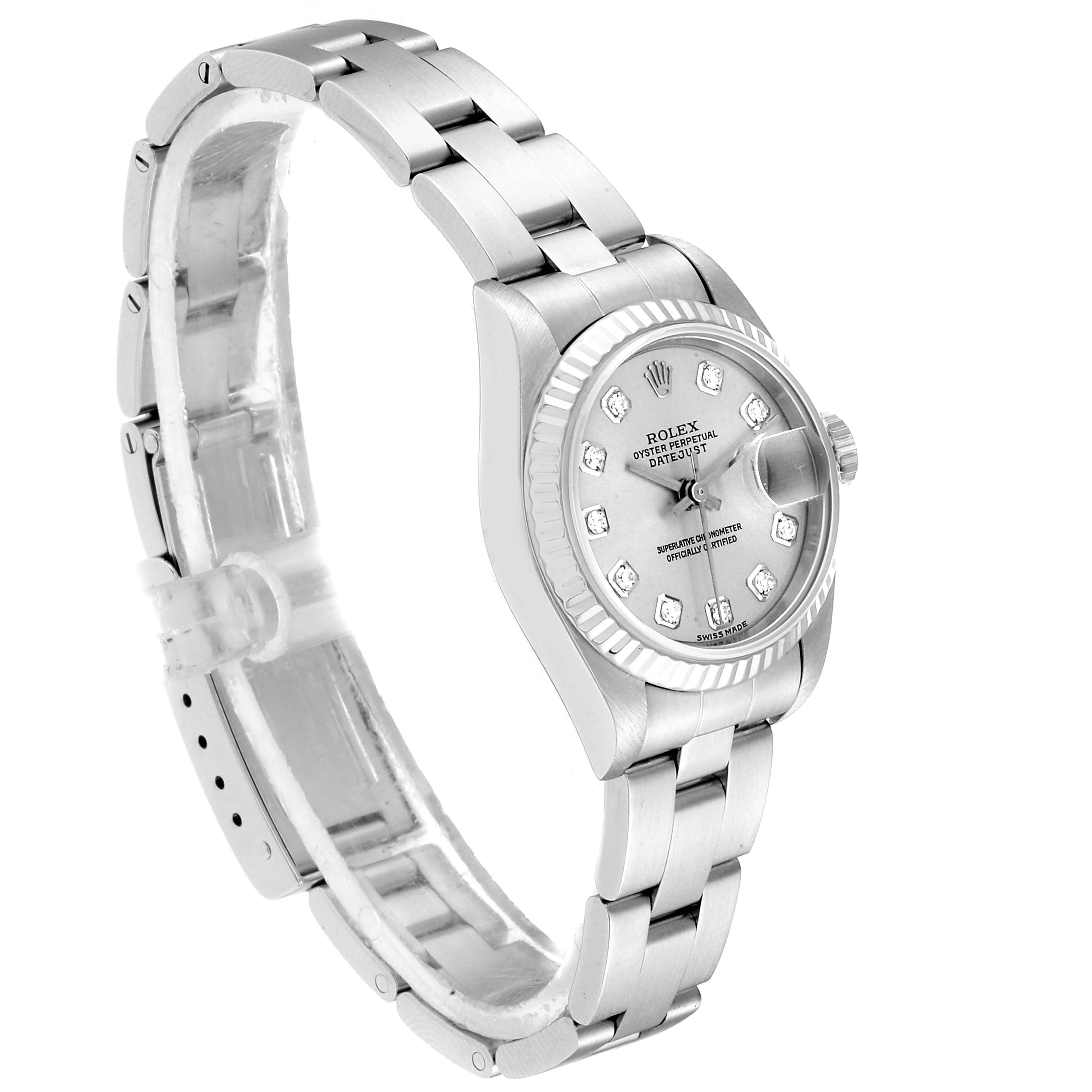 The image shows a side angle of the Rolex Datejust 79174 Women
s Stainless Steel Silver Dial 79174 Women
s Stainless Steel Silver Dial watch, displaying its bracelet, case, dial, and crown.