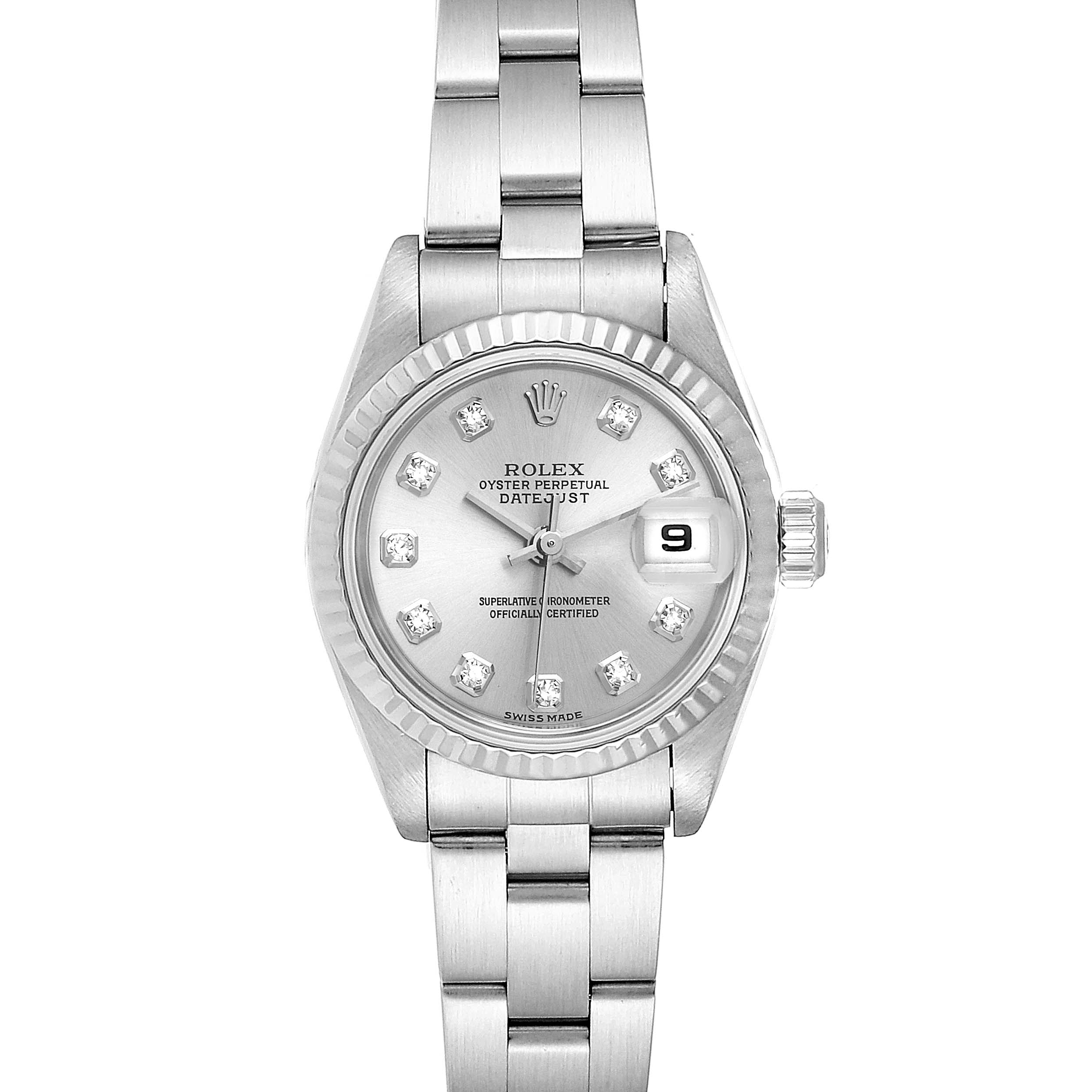 This Rolex Datejust 79174 Women
s Stainless Steel Silver Dial 79174 Women
s Stainless Steel Silver Dial watch is shown from a frontal angle, highlighting the dial, bezel, and watchband.