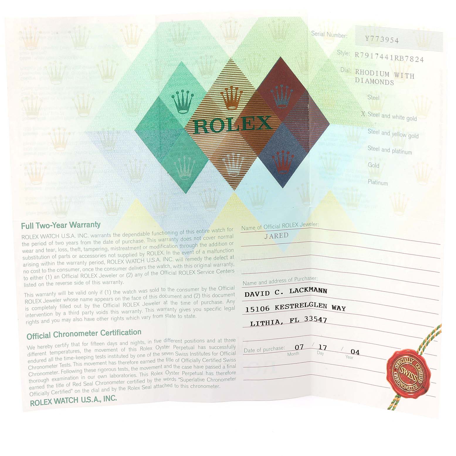 This image shows the warranty card for a Rolex Datejust 79174 Women
s Stainless Steel Silver Dial 79174 Women
s Stainless Steel Silver Dial watch, displaying details such as serial number, style, and purchase information.